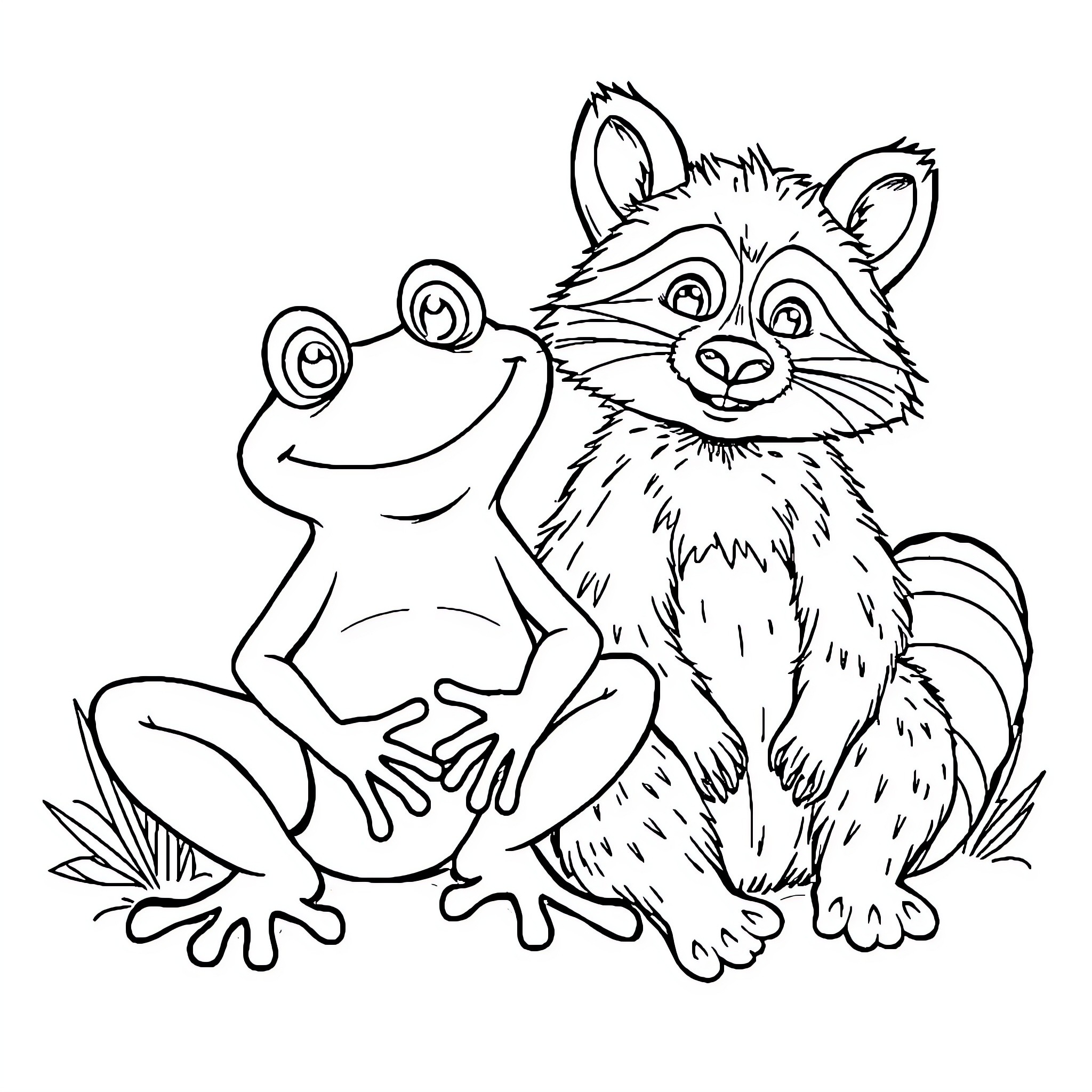 Frog and raccoon sharing a friendly moment Coloring Page (free black-and-white line drawing printable PDF for all, from beginners to advanced learners, including children, teens, adults, and seniors)