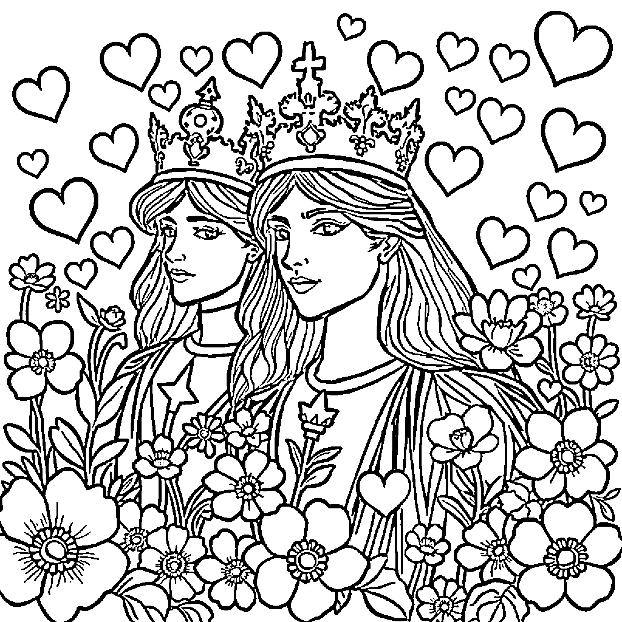 Prince and Princess in Flowery Garden Coloring Page (free black-and-white line drawing printable PDF for all, from beginners to advanced learners, including children, teens, adults, and seniors)