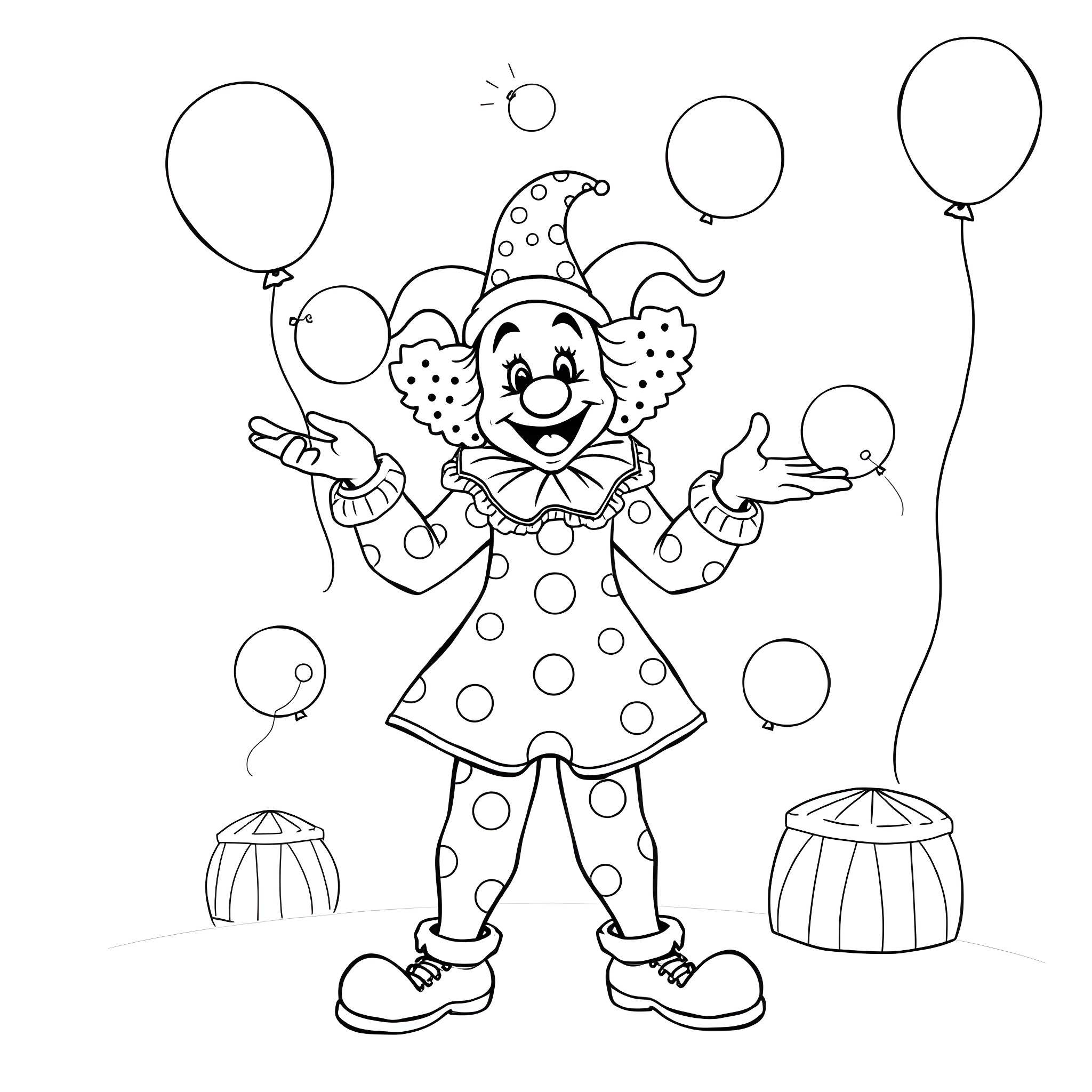 Clown juggling balloons in a circus scene Coloring Page (free black-and-white line drawing printable PDF for all, from beginners to advanced learners, including children, teens, adults, and seniors)