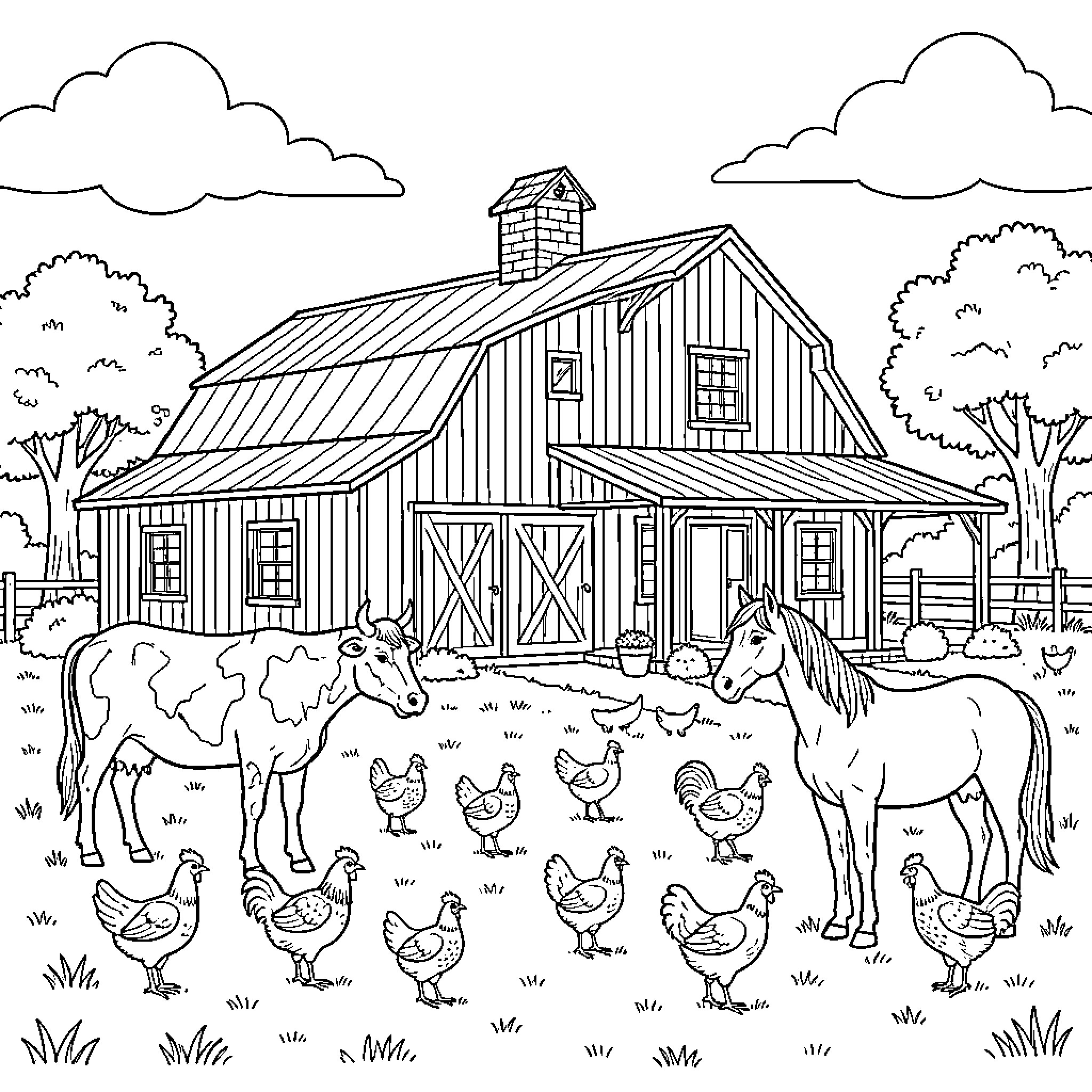 Farm animals gathering in front of a barn Coloring Page (free black-and-white line drawing printable PDF for all, from beginners to advanced learners, including children, teens, adults, and seniors)