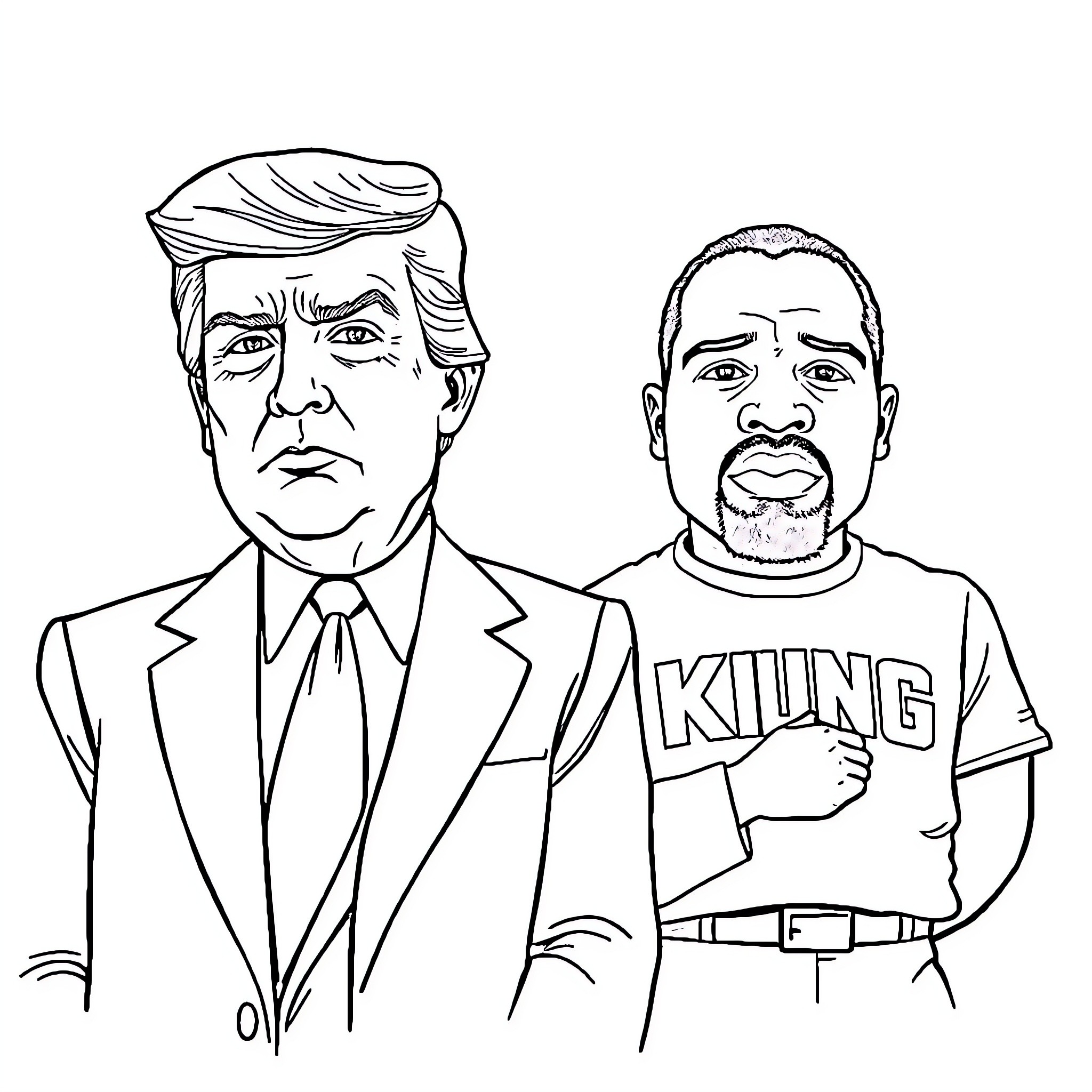 Donald Trump and a man wearing a 'KING' t-shirt Coloring Page (free black-and-white line drawing printable PDF for all, from beginners to advanced learners, including children, teens, adults, and seniors)
