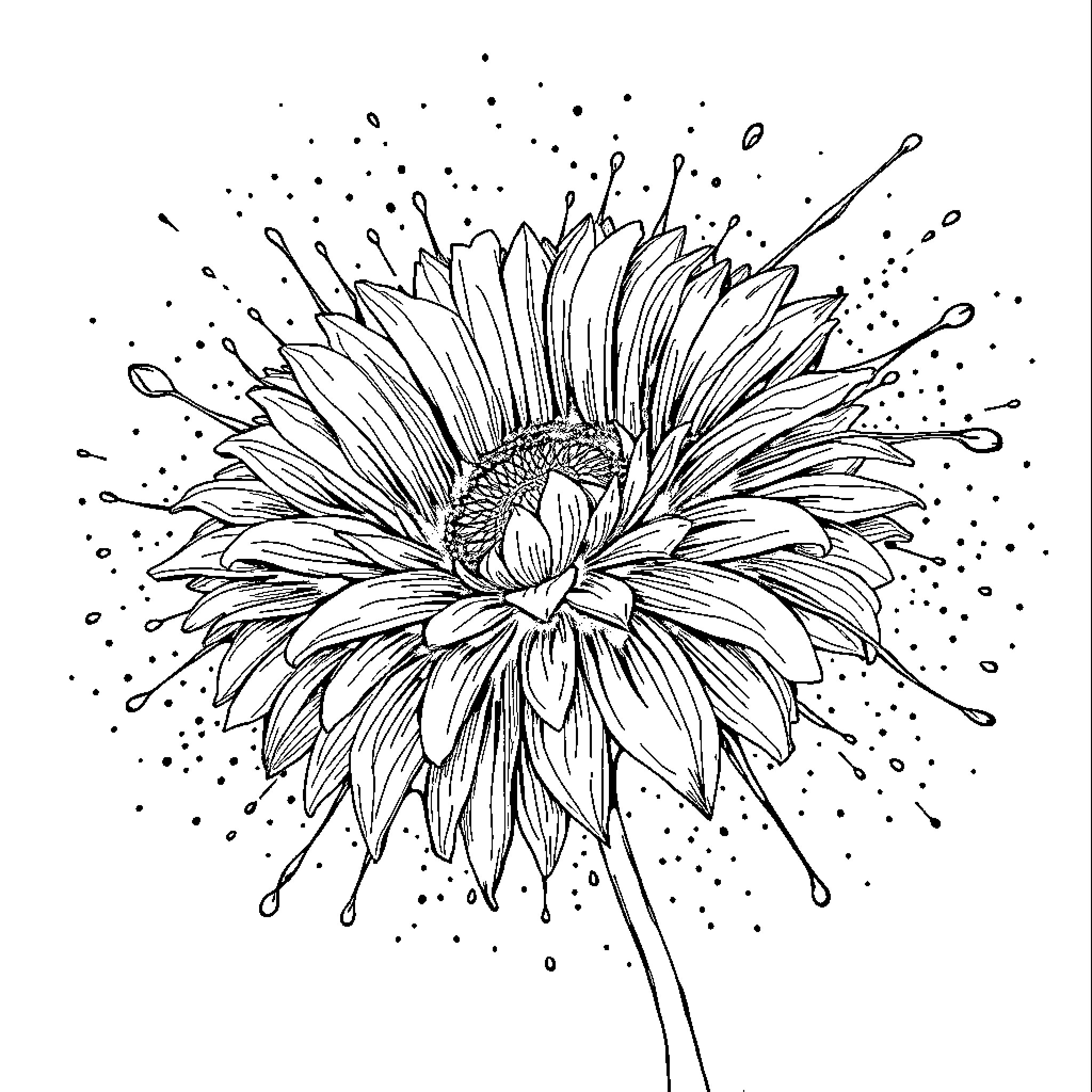 Artistic Floral Explosion Coloring Page (free black-and-white line drawing printable PDF for all, from beginners to advanced learners, including children, teens, adults, and seniors)
