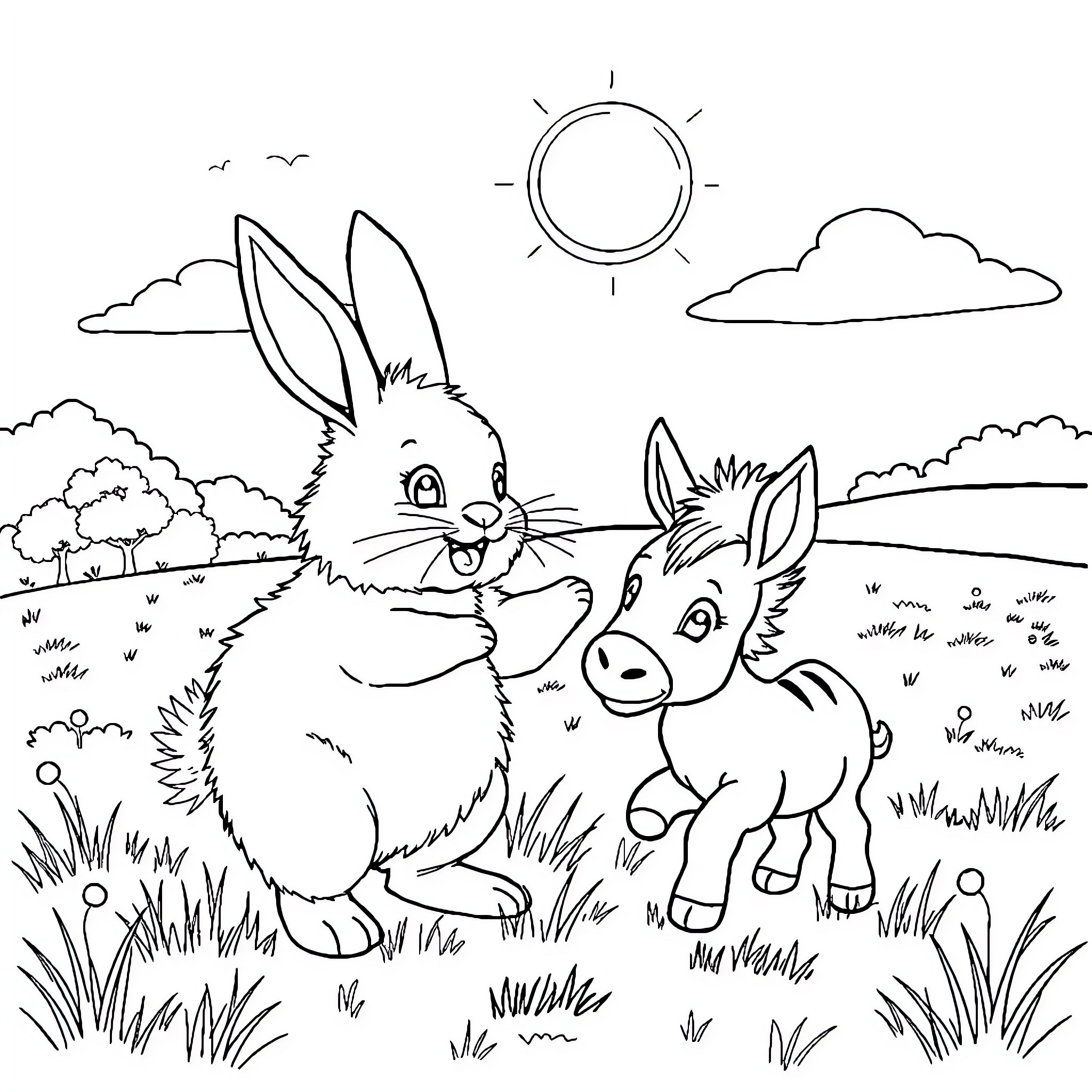 Bunny and Donkey Enjoying Sunny Day in the Meadow Coloring Page (free black-and-white line drawing printable PDF for all, from beginners to advanced learners, including children, teens, adults, and seniors)