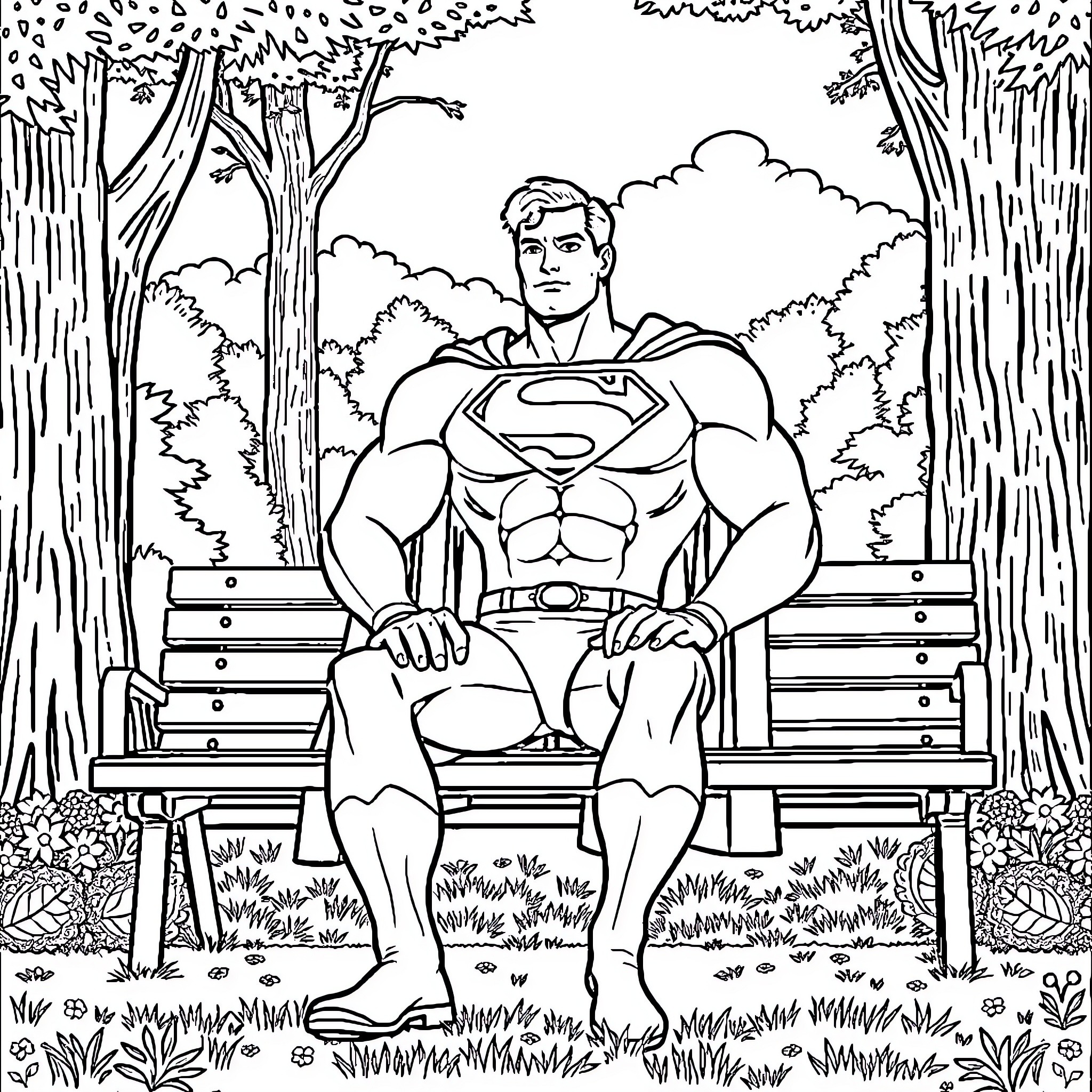 Superman resting on a bench in a peaceful forest Coloring Page (free black-and-white line drawing printable PDF for all, from beginners to advanced learners, including children, teens, adults, and seniors)