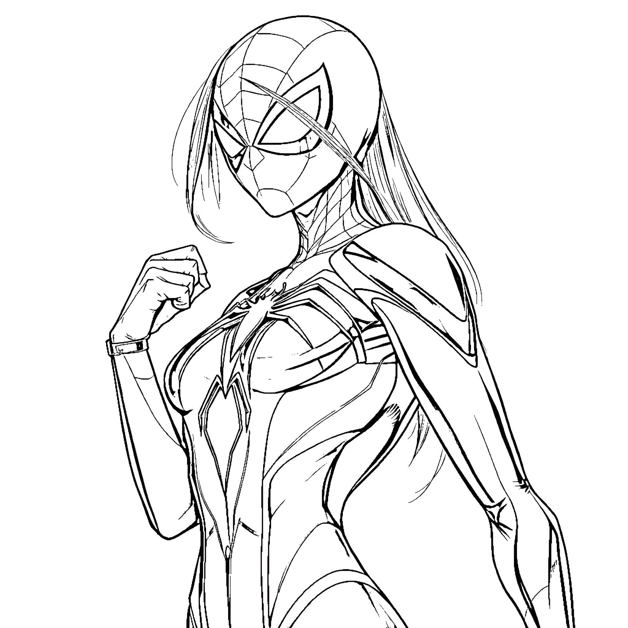 Spider Woman in dynamic fighting pose Coloring Page (free black-and-white line drawing printable PDF for all, from beginners to advanced learners, including children, teens, adults, and seniors)