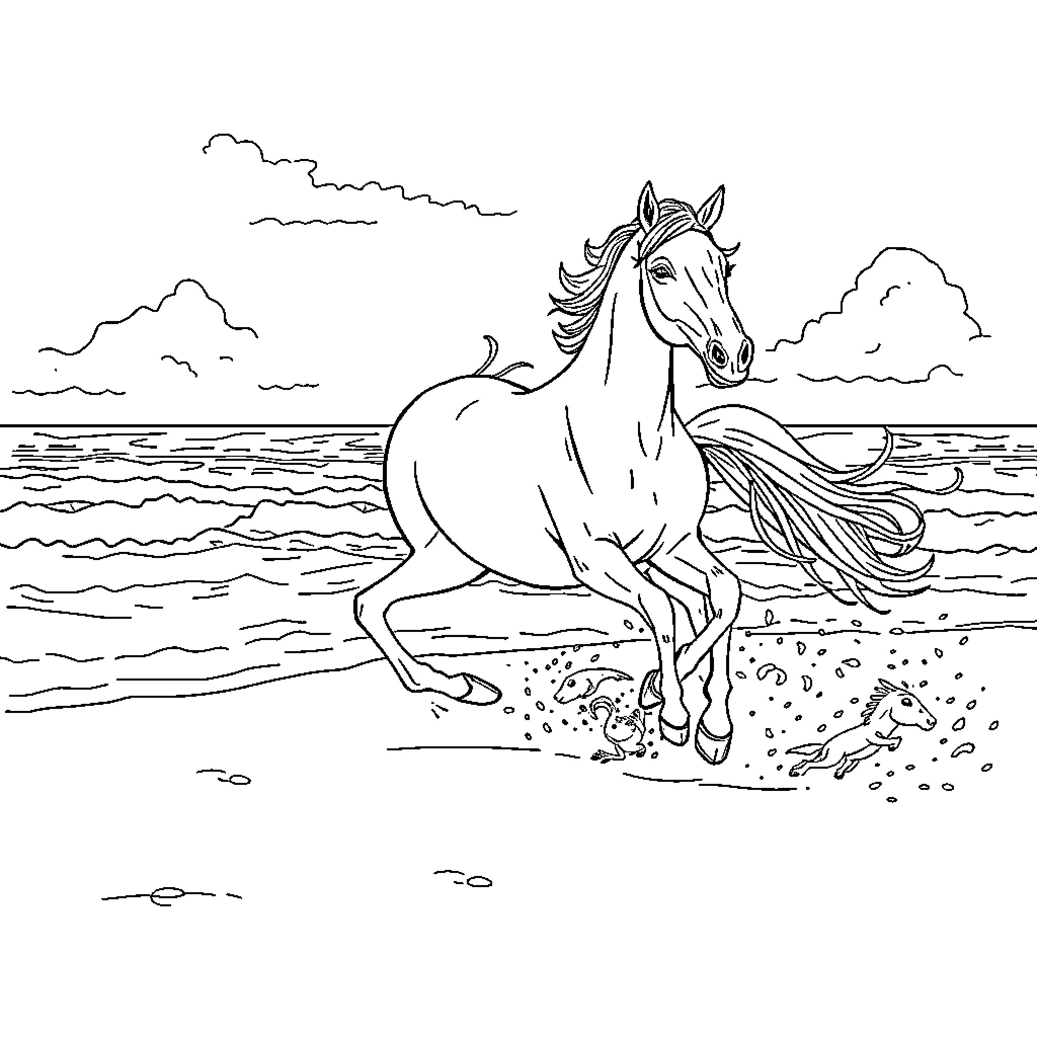 Horse galloping along the beach Coloring Page (free black-and-white line drawing printable PDF for all, from beginners to advanced learners, including children, teens, adults, and seniors)