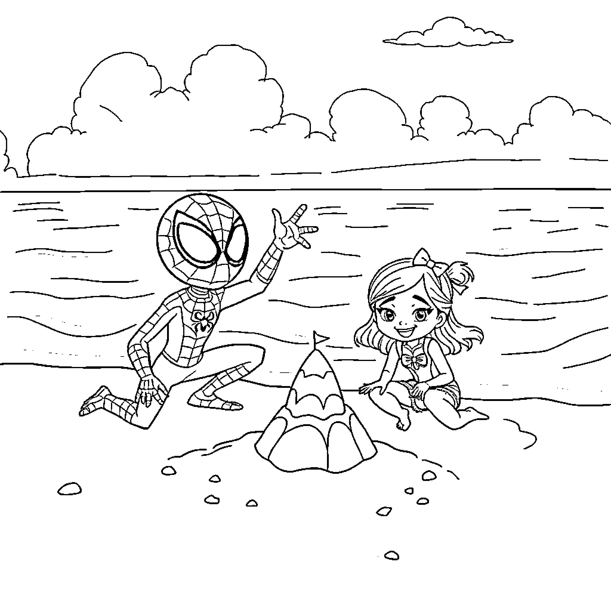 Spidey and girl explore the beach Coloring Page (free black-and-white line drawing printable PDF for all, from beginners to advanced learners, including children, teens, adults, and seniors)
