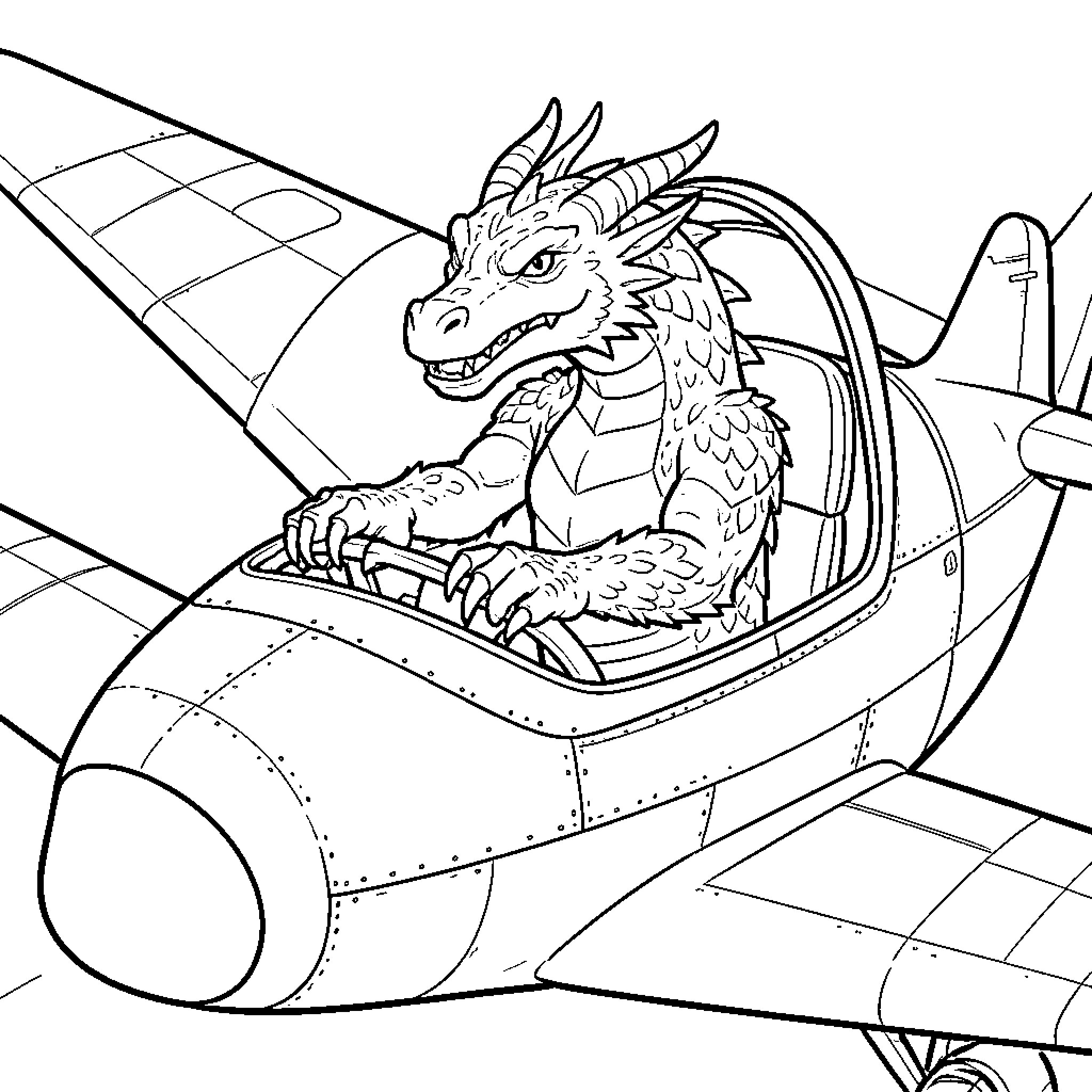 Dragon piloting a small airplane through the sky Coloring Page (free black-and-white line drawing printable PDF for all, from beginners to advanced learners, including children, teens, adults, and seniors)