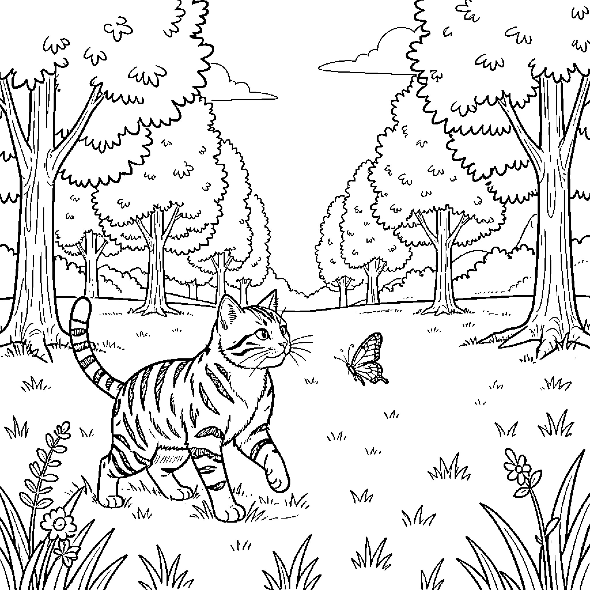 Gato playing in the forest with butterflies Coloring Page (free black-and-white line drawing printable PDF for all, from beginners to advanced learners, including children, teens, adults, and seniors)
