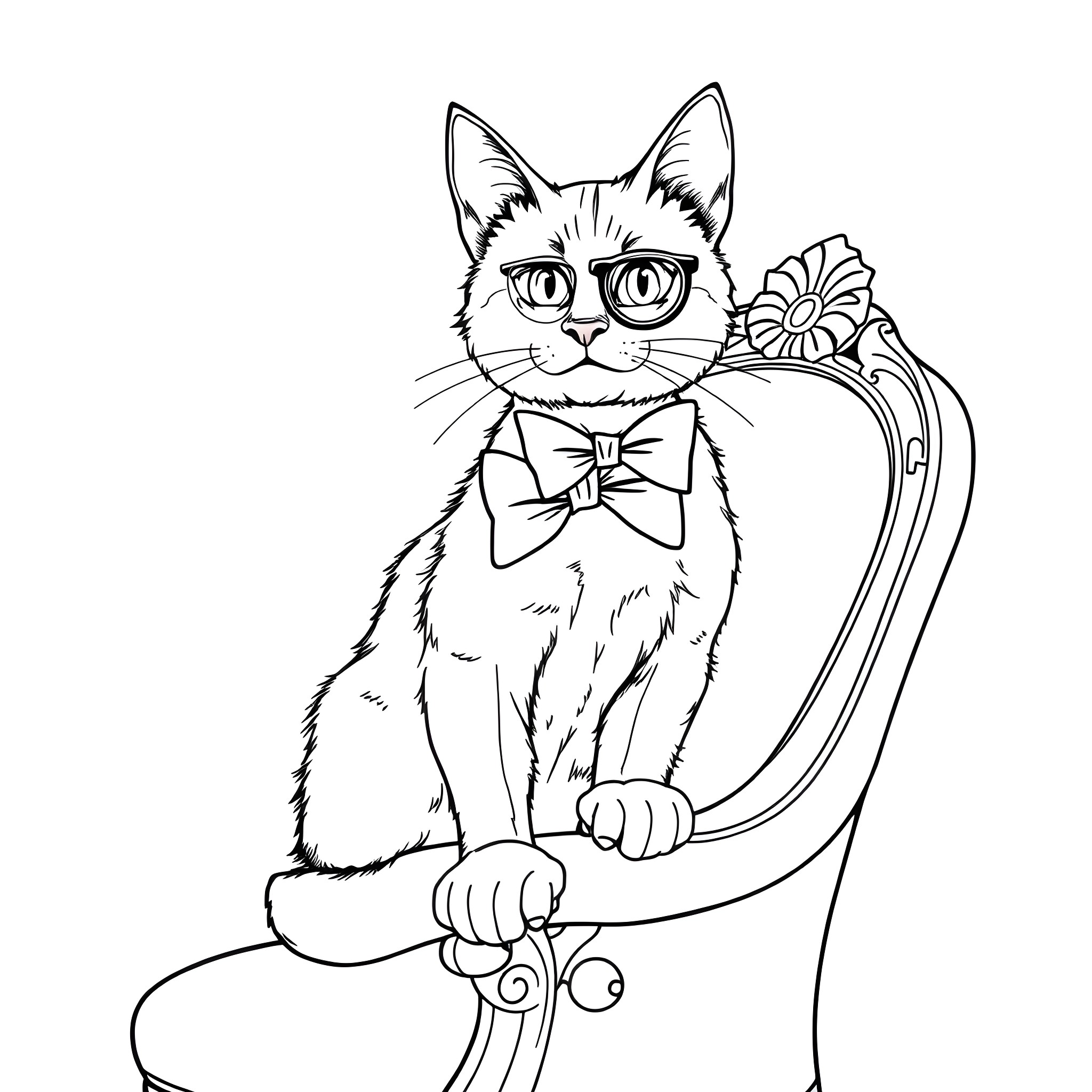 Cat with bowtie sitting on chair Coloring Page (free black-and-white line drawing printable PDF for all, from beginners to advanced learners, including children, teens, adults, and seniors)
