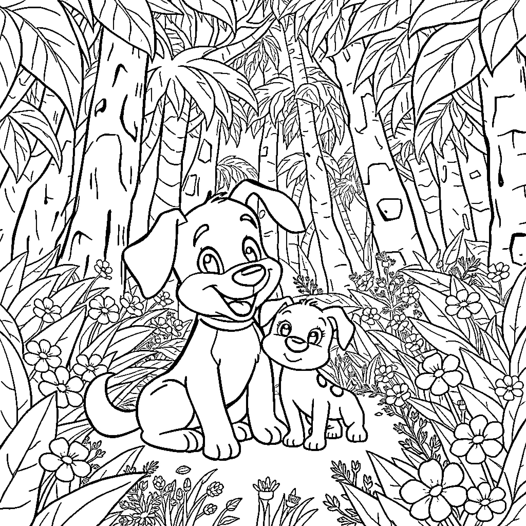 Bluey and Bingo Explore the Enchanted Forest Coloring Page (free black-and-white line drawing printable PDF for all, from beginners to advanced learners, including children, teens, adults, and seniors)