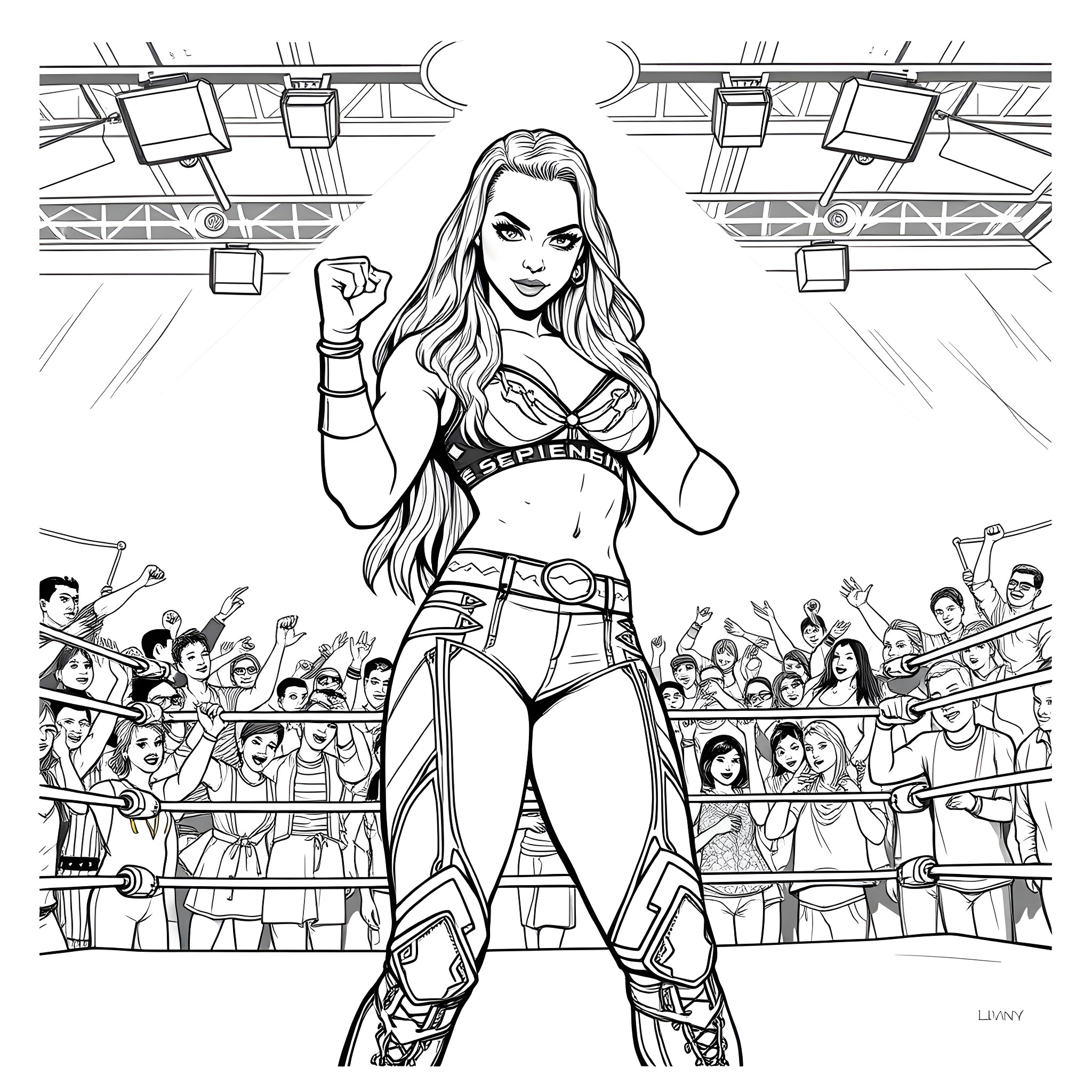 Liv Morgan's Triumphant Entrance Coloring Page (free black-and-white line drawing printable PDF for all, from beginners to advanced learners, including children, teens, adults, and seniors)