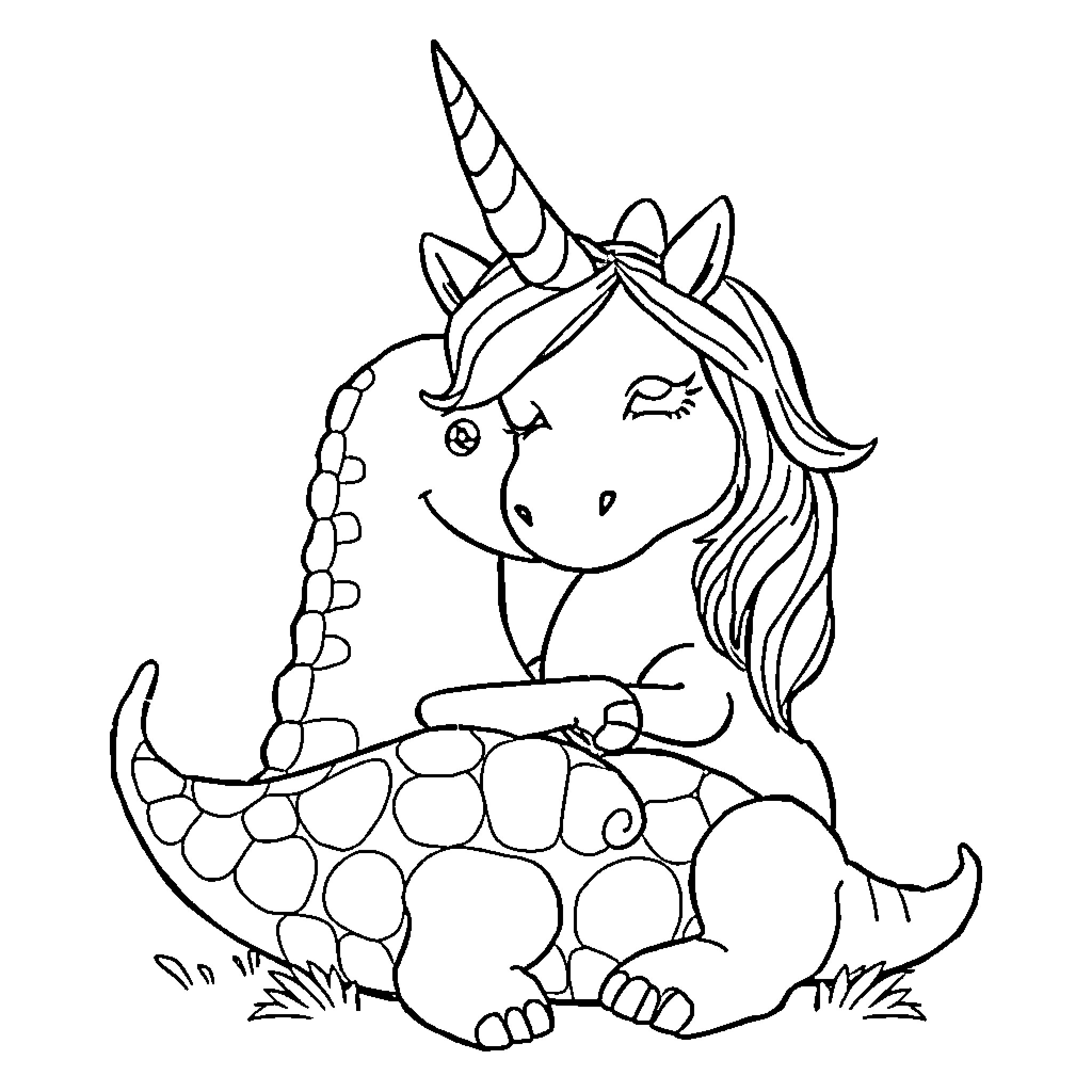 Unicorn resting peacefully in the meadow Coloring Page (free black-and-white line drawing printable PDF for all, from beginners to advanced learners, including children, teens, adults, and seniors)