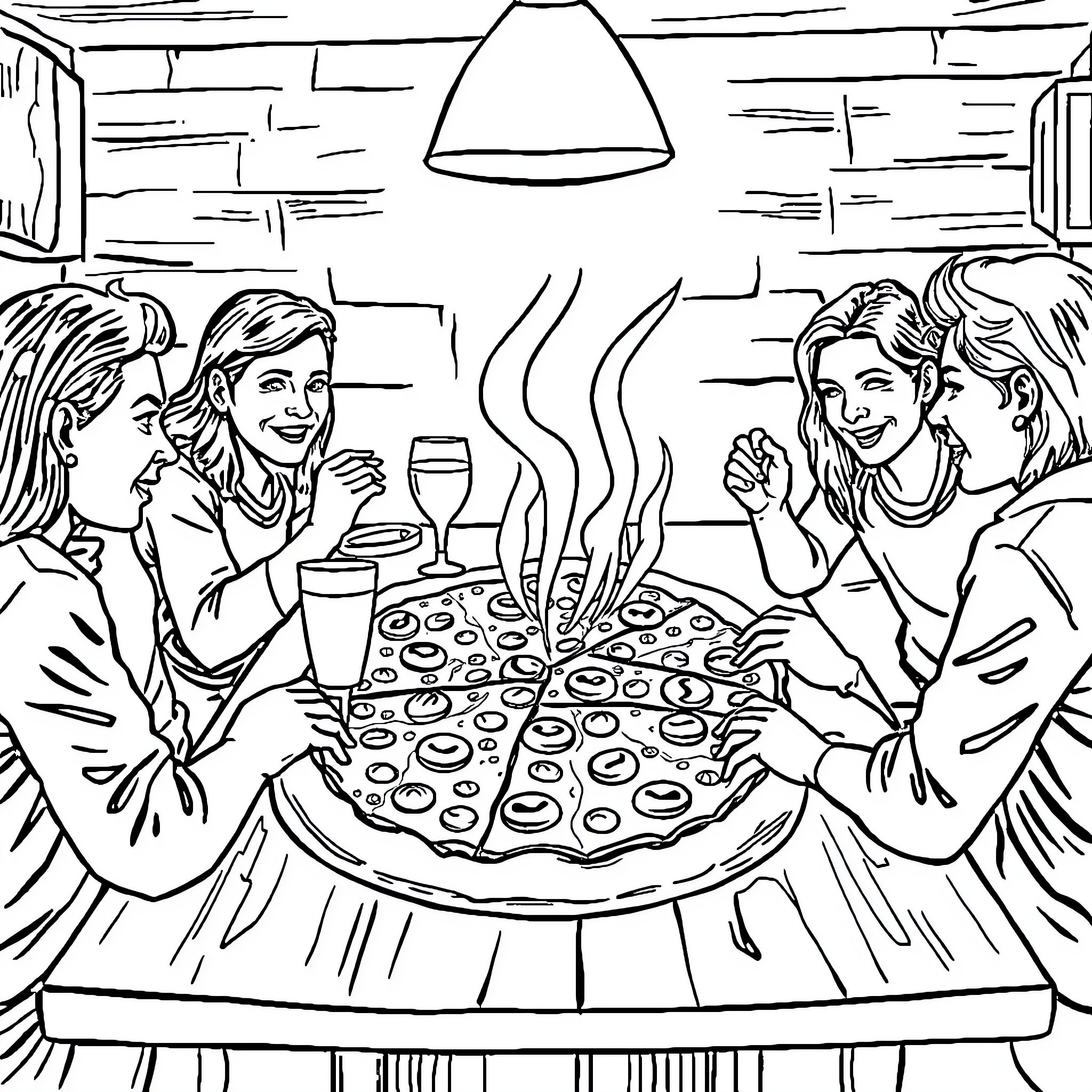Pizza Party with Friends Coloring Page (free black-and-white line drawing printable PDF for all, from beginners to advanced learners, including children, teens, adults, and seniors)