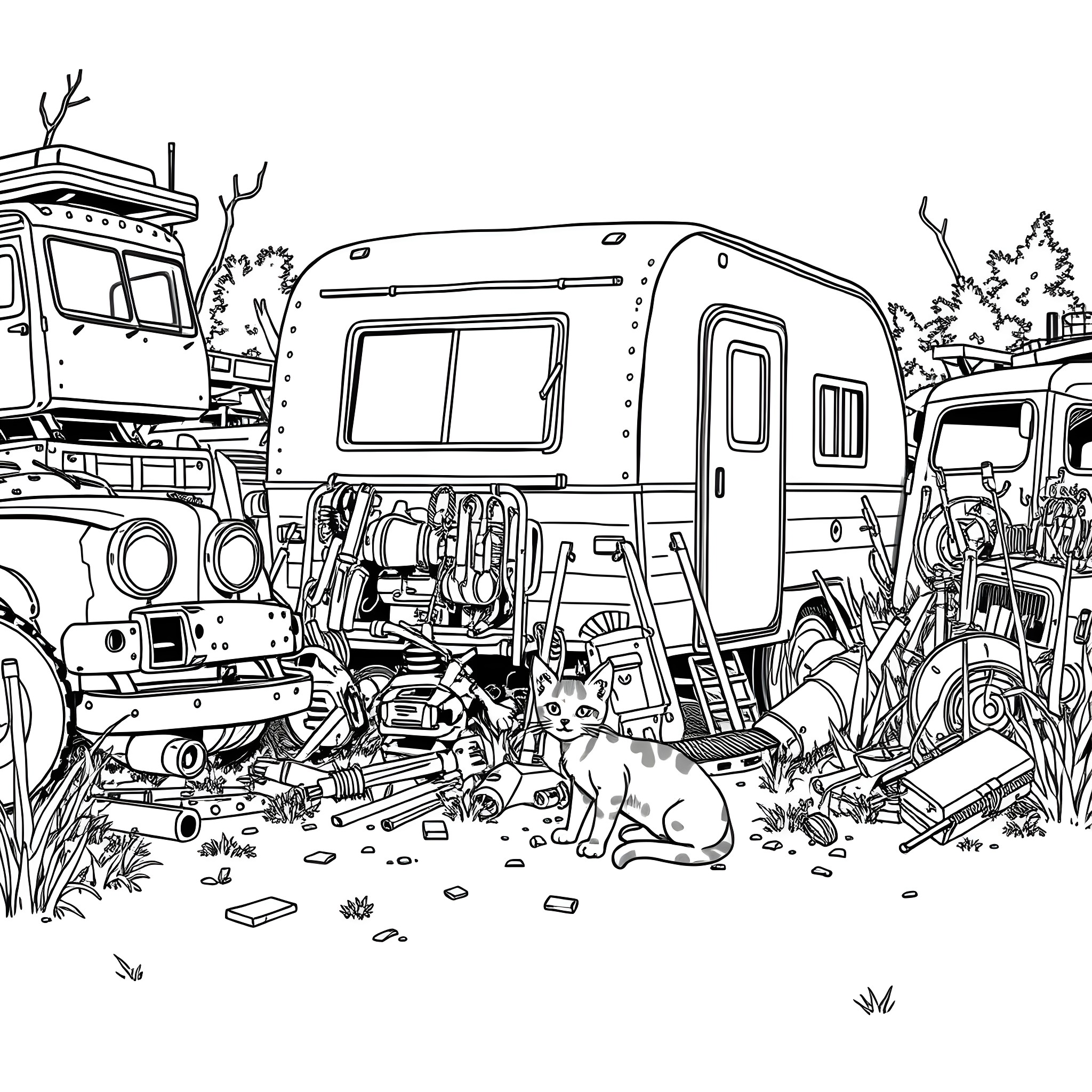 Trailer with camping gear and animals in wilderness Coloring Page (free black-and-white line drawing printable PDF for all, from beginners to advanced learners, including children, teens, adults, and seniors)