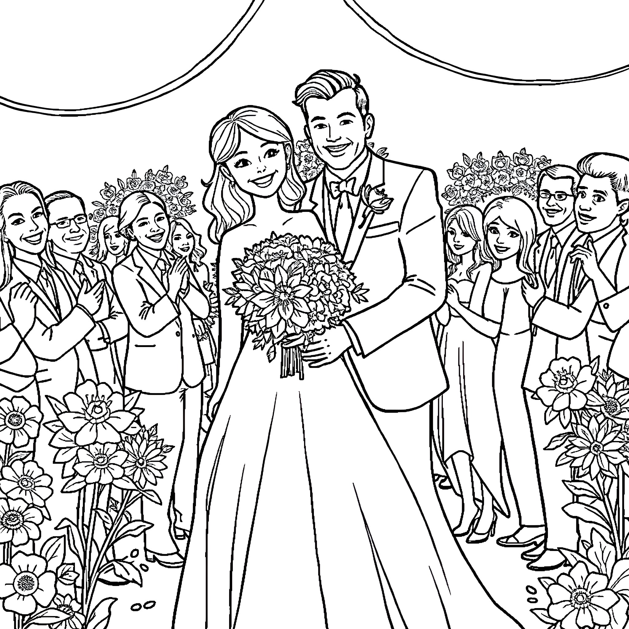 Jack and Sally's Beautiful Wedding Celebration Coloring Page (free black-and-white line drawing printable PDF for all, from beginners to advanced learners, including children, teens, adults, and seniors)