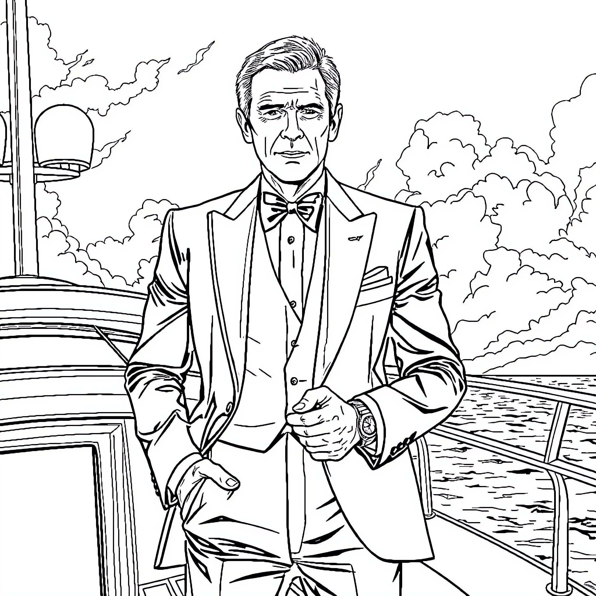 James Bond dapper gentleman in a formal suit Coloring Page (free black-and-white line drawing printable PDF for all, from beginners to advanced learners, including children, teens, adults, and seniors)