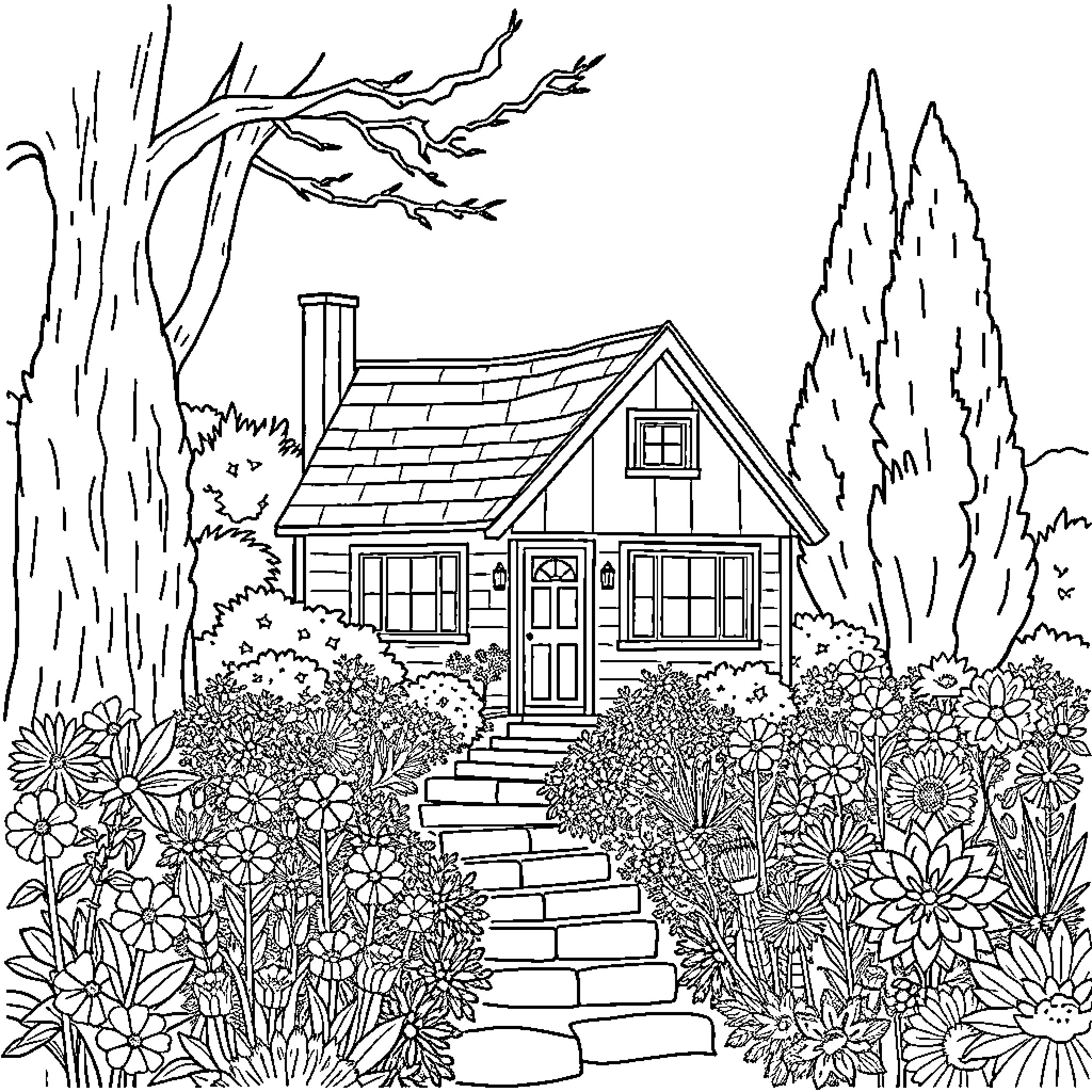 Cottage in a Whimsical Garden Landscape Coloring Page (free black-and-white line drawing printable PDF for all, from beginners to advanced learners, including children, teens, adults, and seniors)