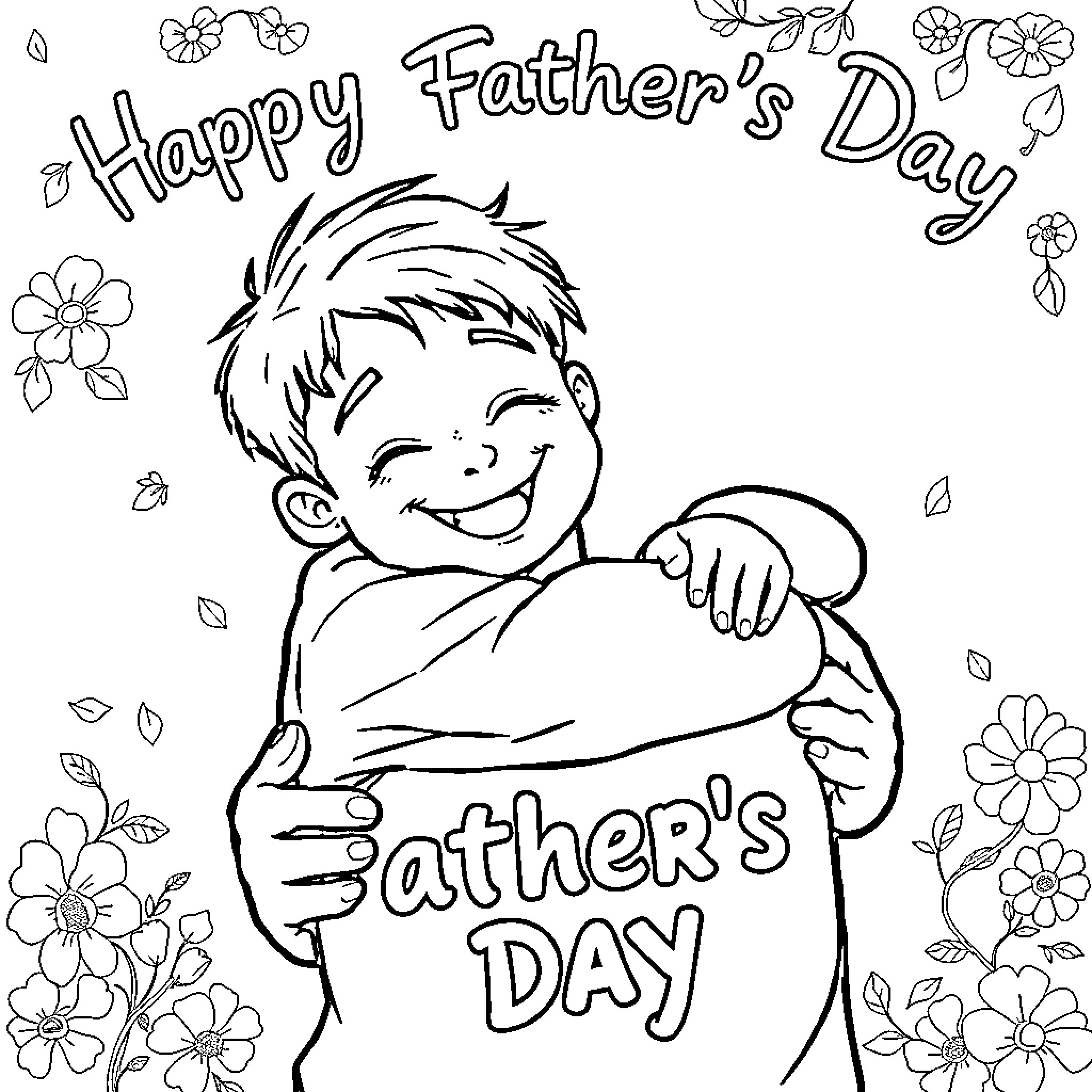 Boy hugging Father's Day message with floral design Coloring Page (free black-and-white line drawing printable PDF for all, from beginners to advanced learners, including children, teens, adults, and seniors)