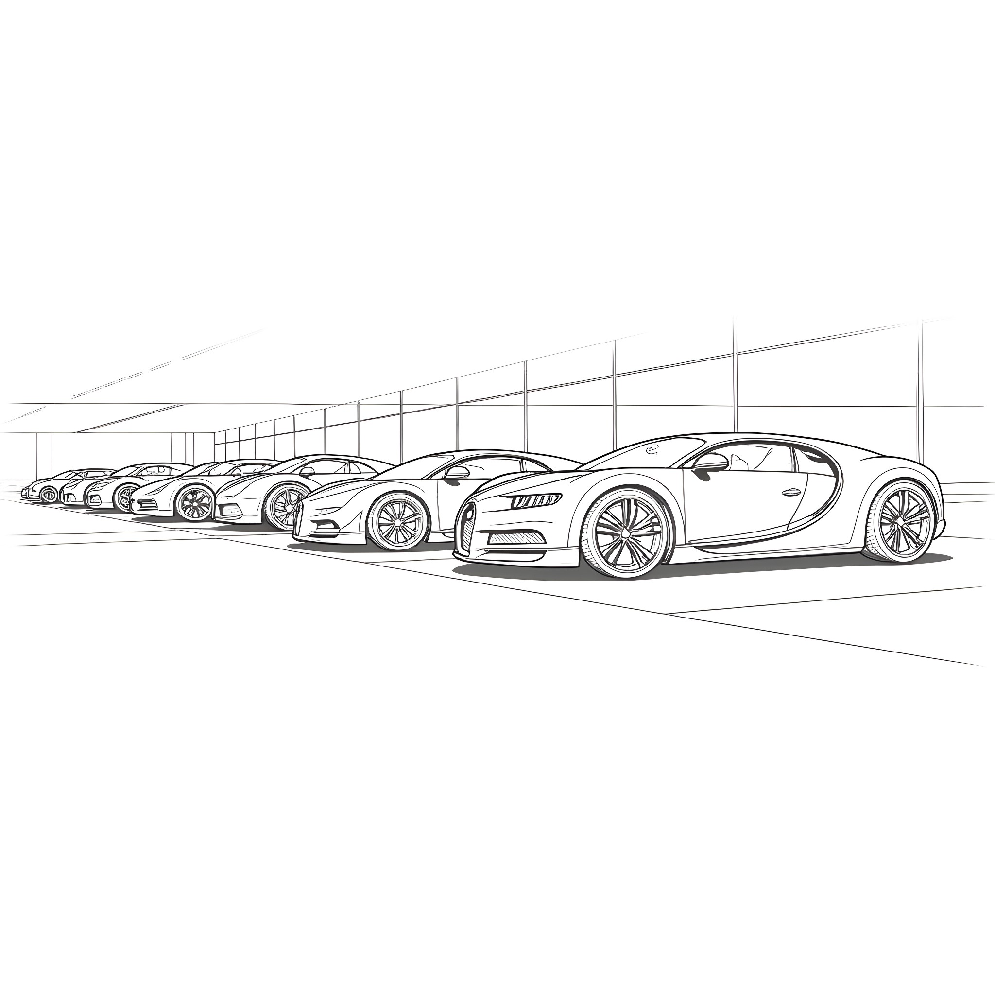 Bugatti supercars lined up in showroom Coloring Page (free black-and-white line drawing printable PDF for all, from beginners to advanced learners, including children, teens, adults, and seniors)