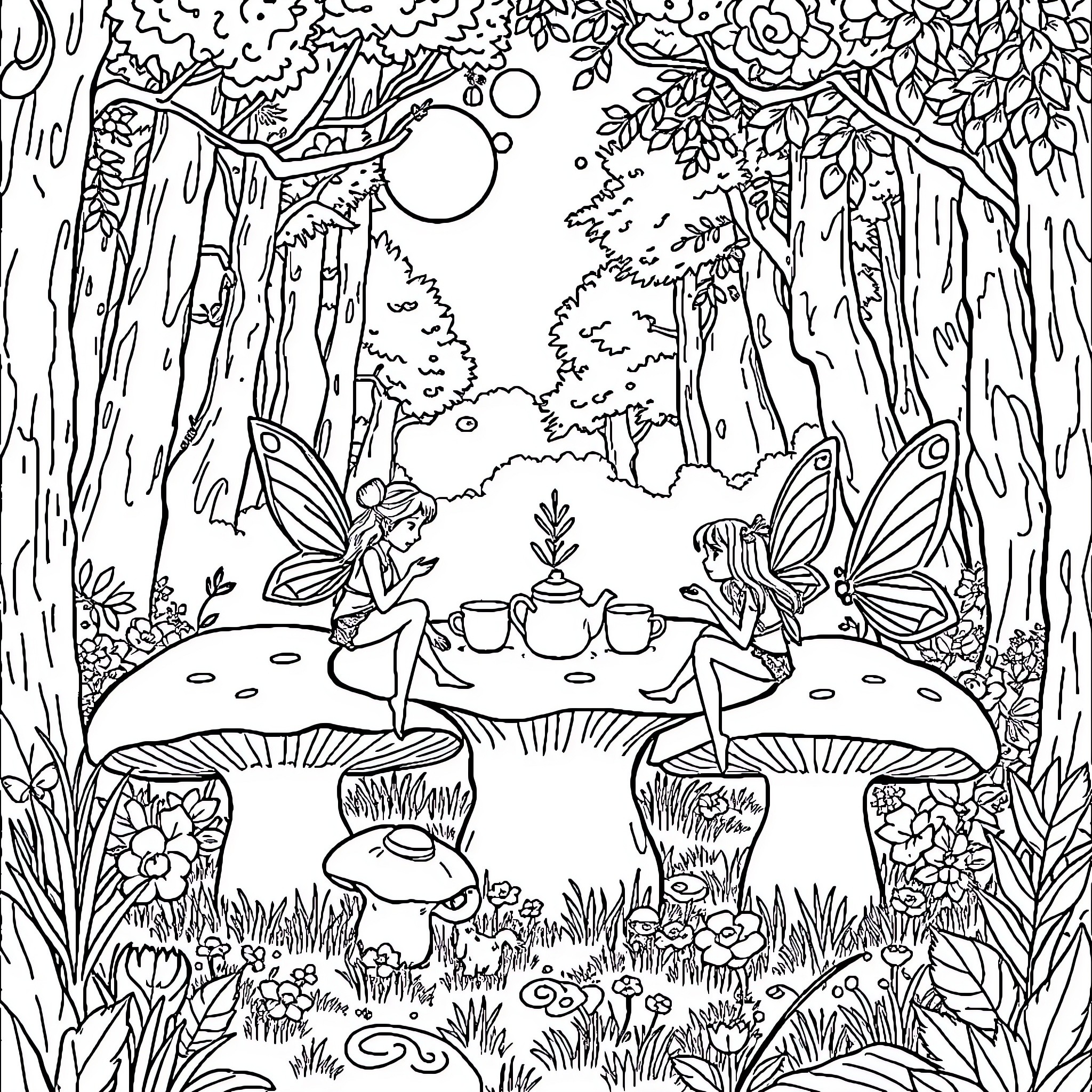 Fairy tea party in enchanted forest Coloring Page (free black-and-white line drawing printable PDF for all, from beginners to advanced learners, including children, teens, adults, and seniors)