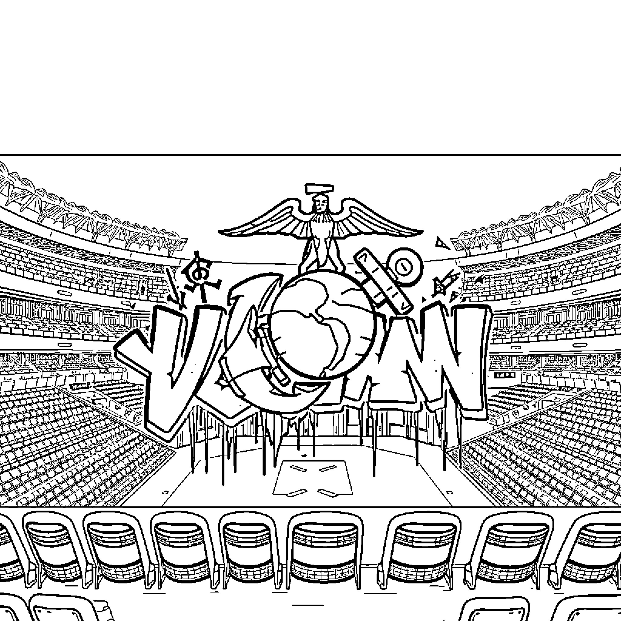 USMC Marines in action-packed stadium setting Coloring Page (free black-and-white line drawing printable PDF for all, from beginners to advanced learners, including children, teens, adults, and seniors)