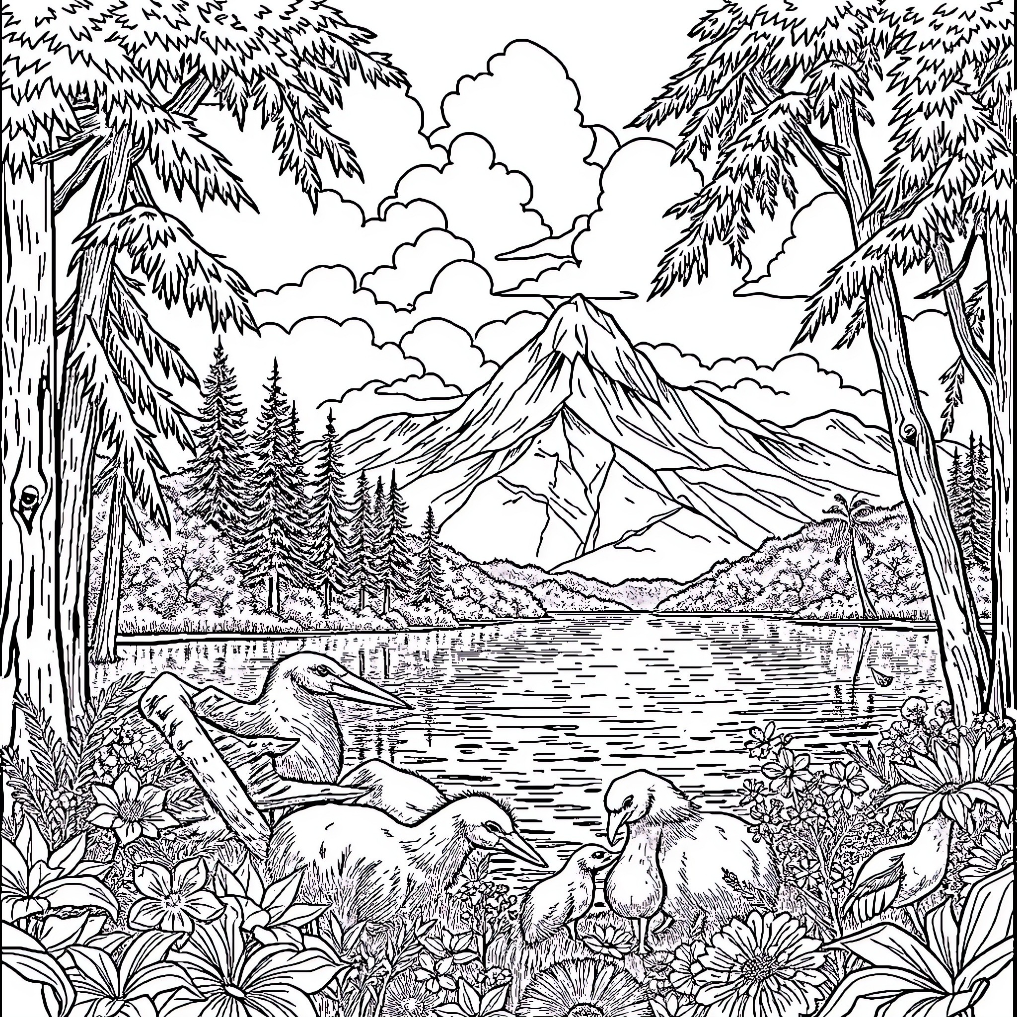 Labubu's Adventurous Journey in the Wilderness Coloring Page (free black-and-white line drawing printable PDF for all, from beginners to advanced learners, including children, teens, adults, and seniors)