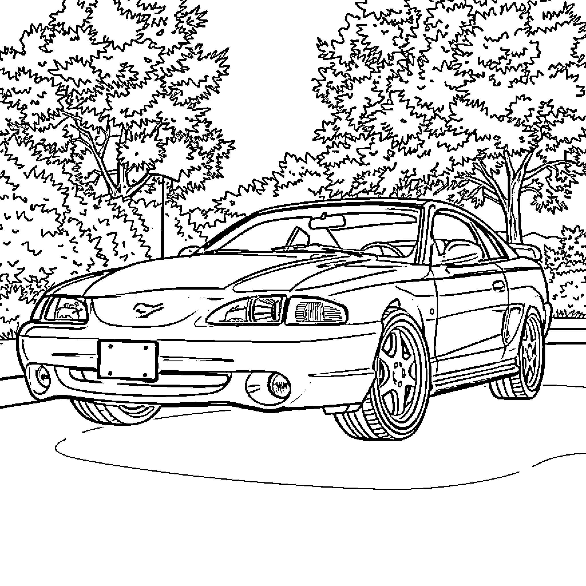 Mustang speeding through the forest Coloring Page (free black-and-white line drawing printable PDF for all, from beginners to advanced learners, including children, teens, adults, and seniors)