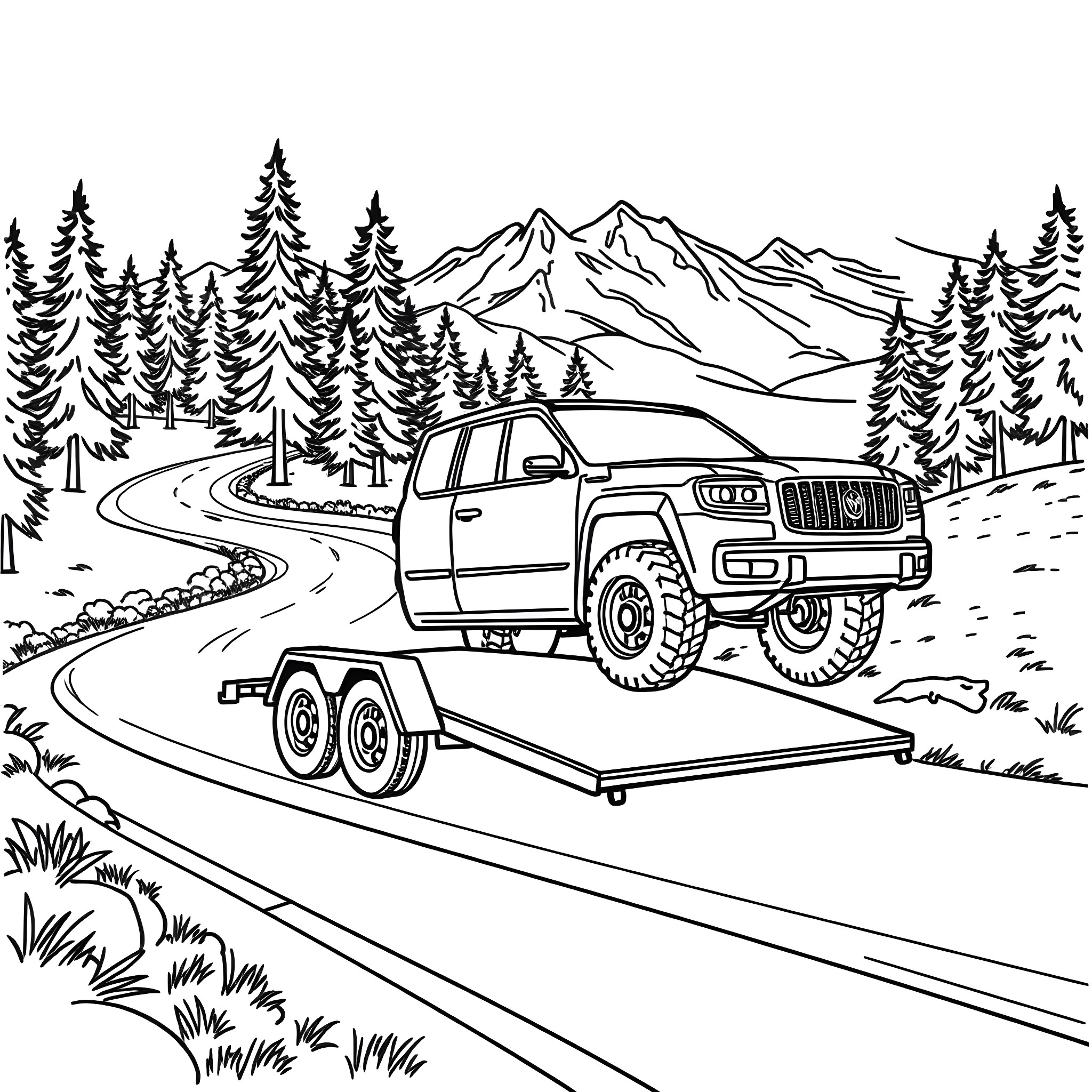Car Trailer Transporting Truck in Mountain Landscape Coloring Page (free black-and-white line drawing printable PDF for all, from beginners to advanced learners, including children, teens, adults, and seniors)