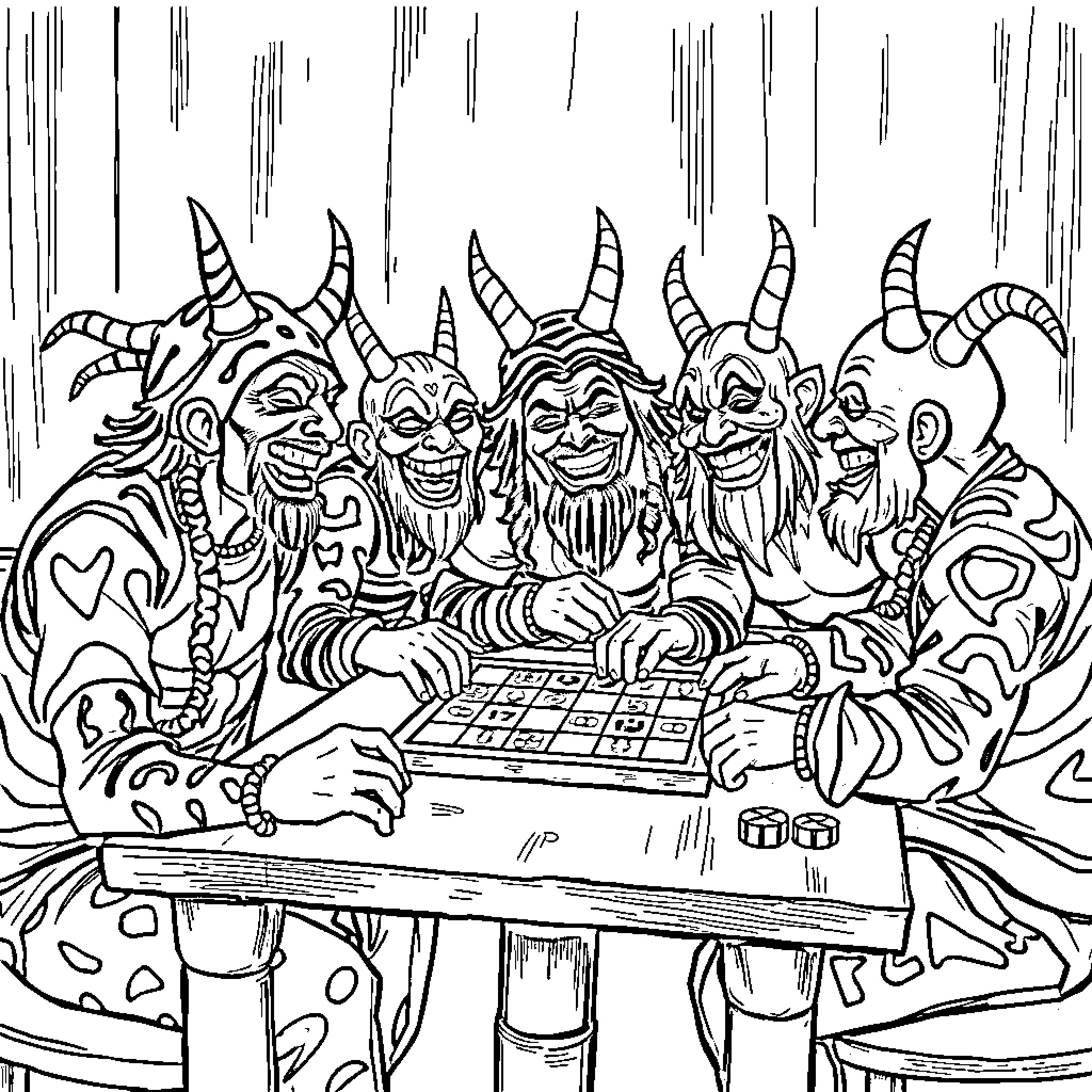 Juggalos Gathered for a Game Night Coloring Page (free black-and-white line drawing printable PDF for all, from beginners to advanced learners, including children, teens, adults, and seniors)