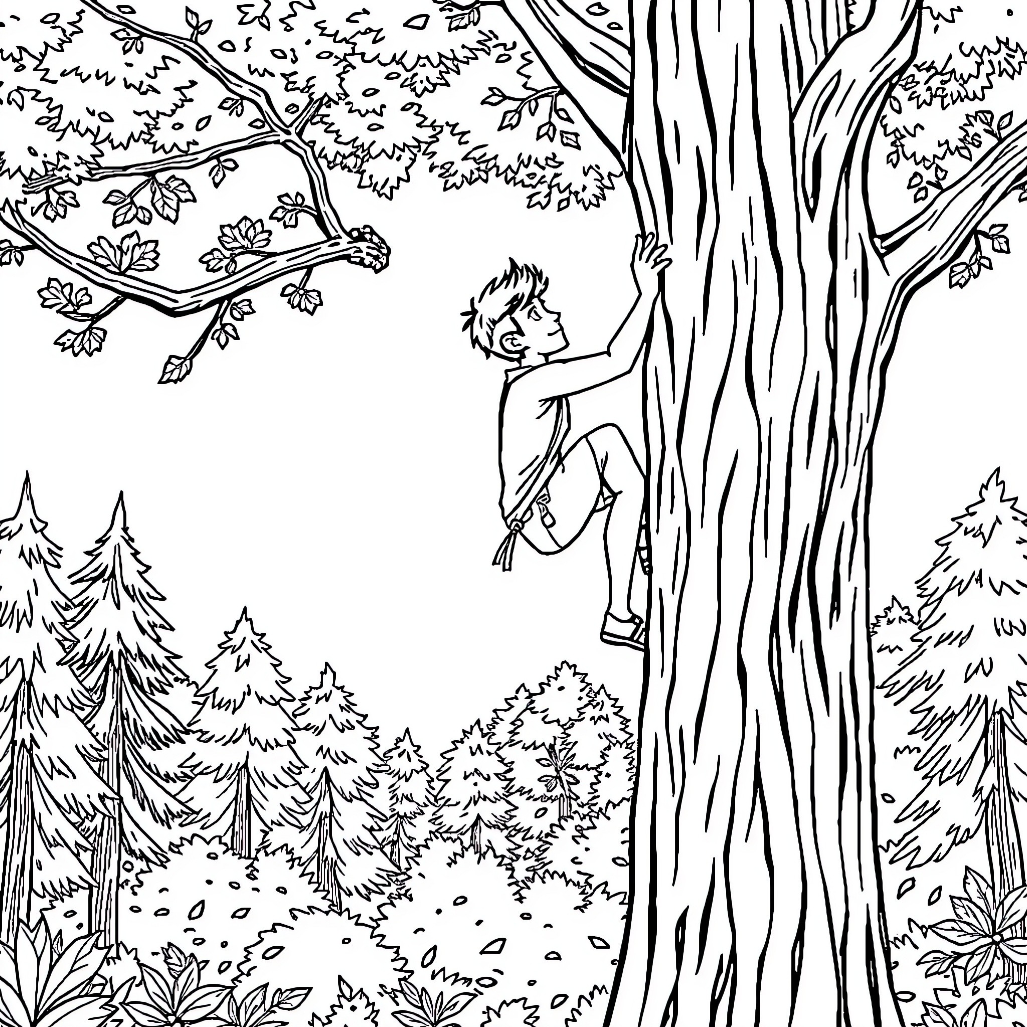 Jacob Climbing a Tree in the Forest Coloring Page (free black-and-white line drawing printable PDF for all, from beginners to advanced learners, including children, teens, adults, and seniors)