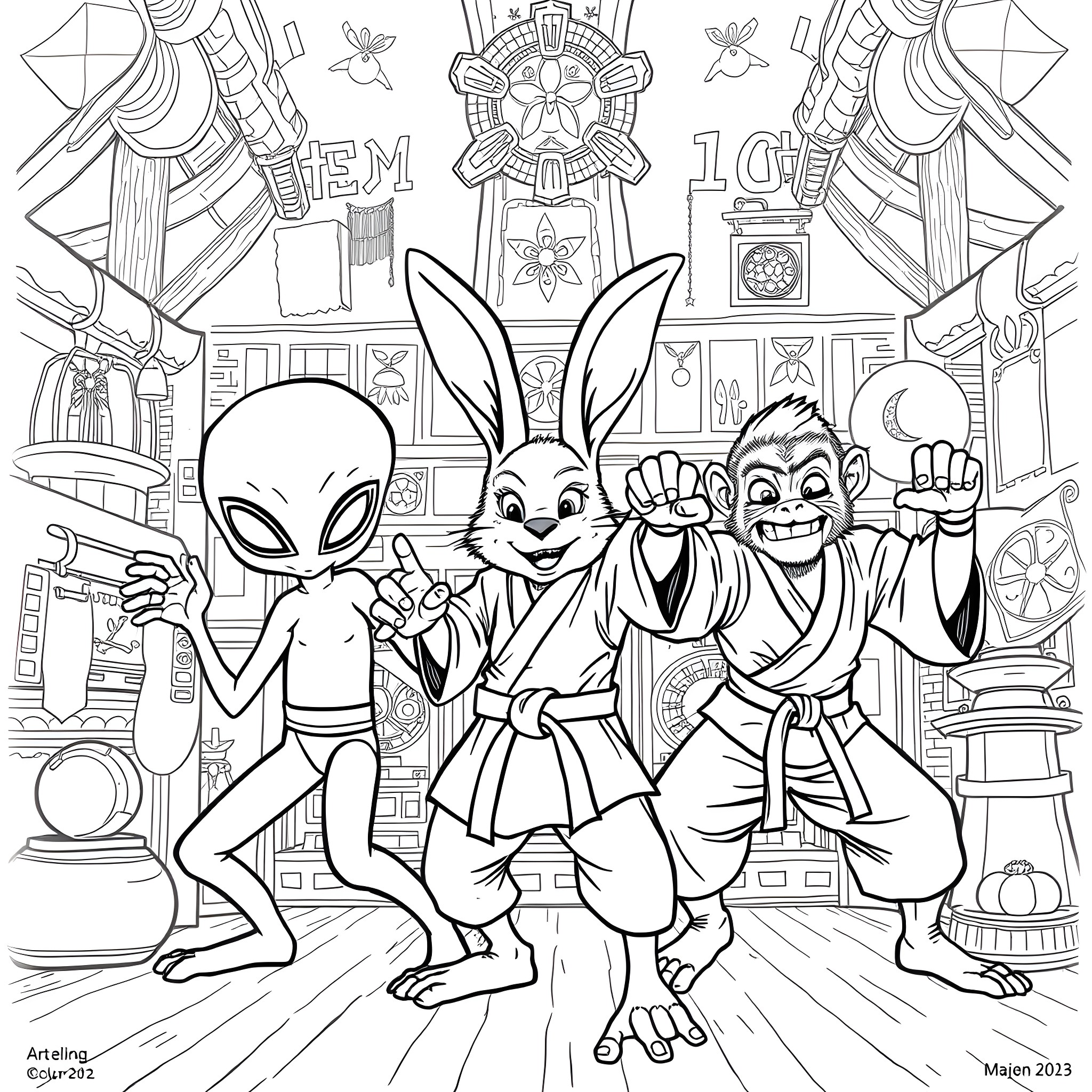 Alien Trio's Playful Antics in a Whimsical World Coloring Page (free black-and-white line drawing printable PDF for all, from beginners to advanced learners, including children, teens, adults, and seniors)