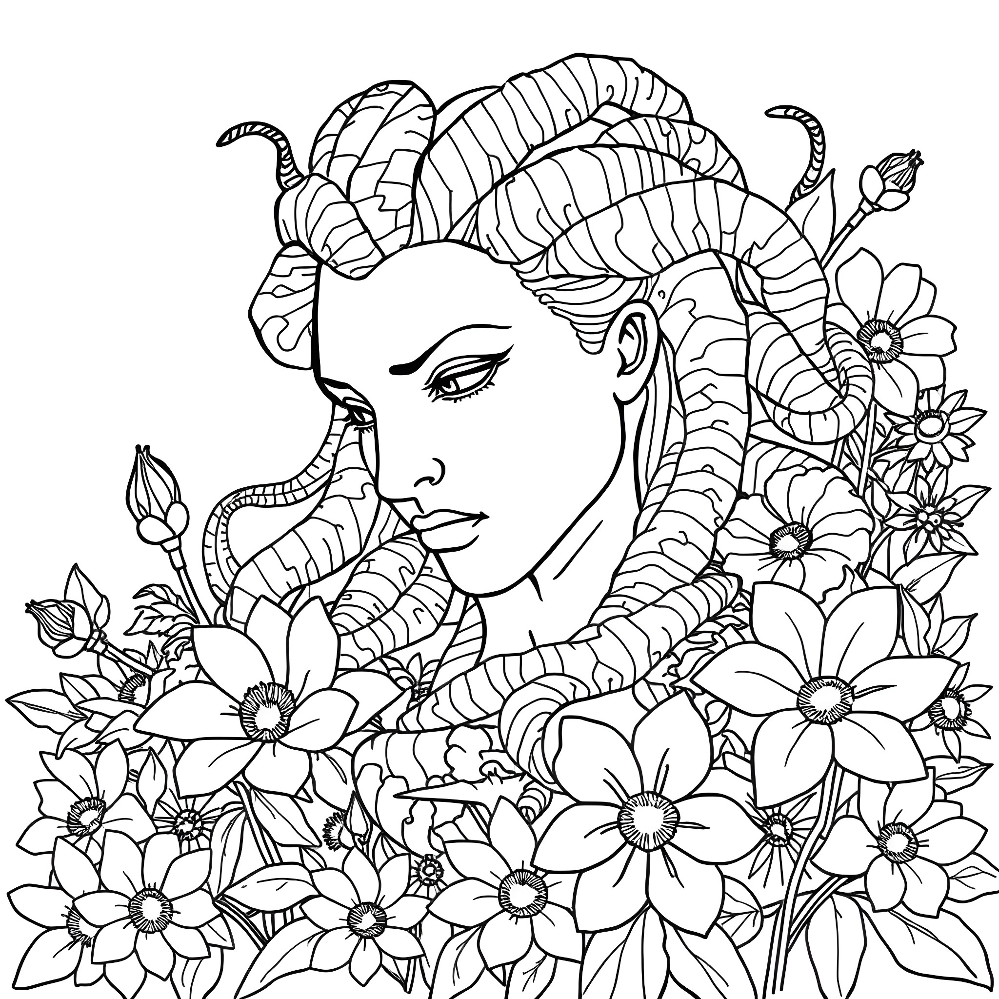 Medusa among flowers and foliage Coloring Page (free black-and-white line drawing printable PDF for all, from beginners to advanced learners, including children, teens, adults, and seniors)