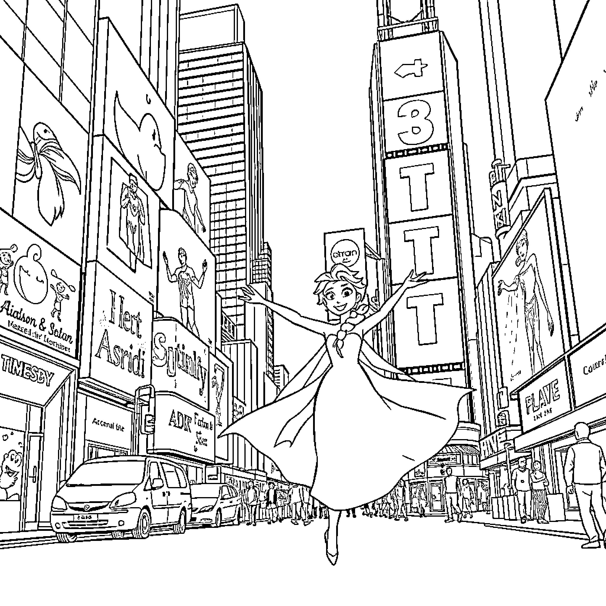 Elsa dancing in the bustling city Coloring Page (free black-and-white line drawing printable PDF for all, from beginners to advanced learners, including children, teens, adults, and seniors)