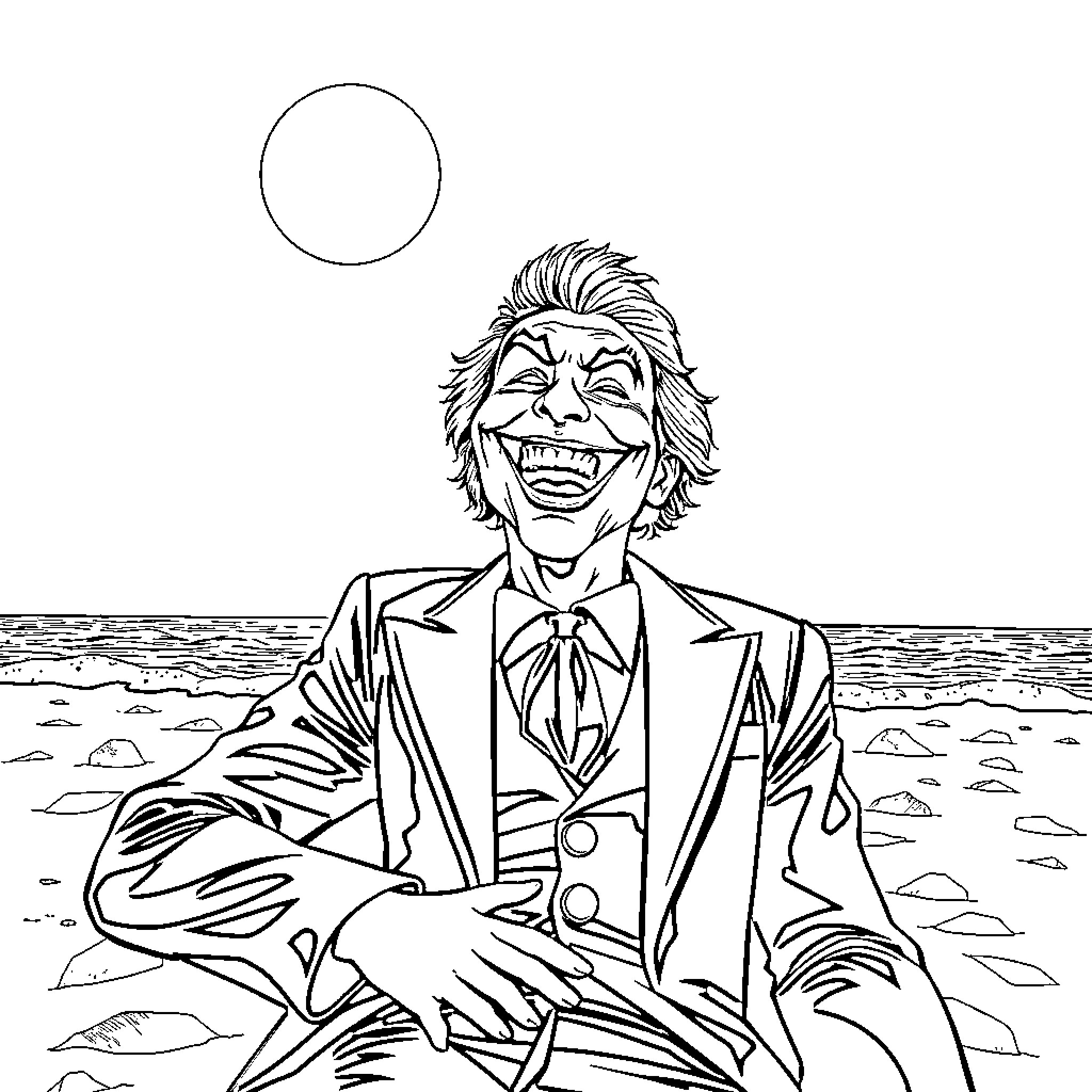 Joker's Sinister Laughter on the Beach Coloring Page (free black-and-white line drawing printable PDF for all, from beginners to advanced learners, including children, teens, adults, and seniors)