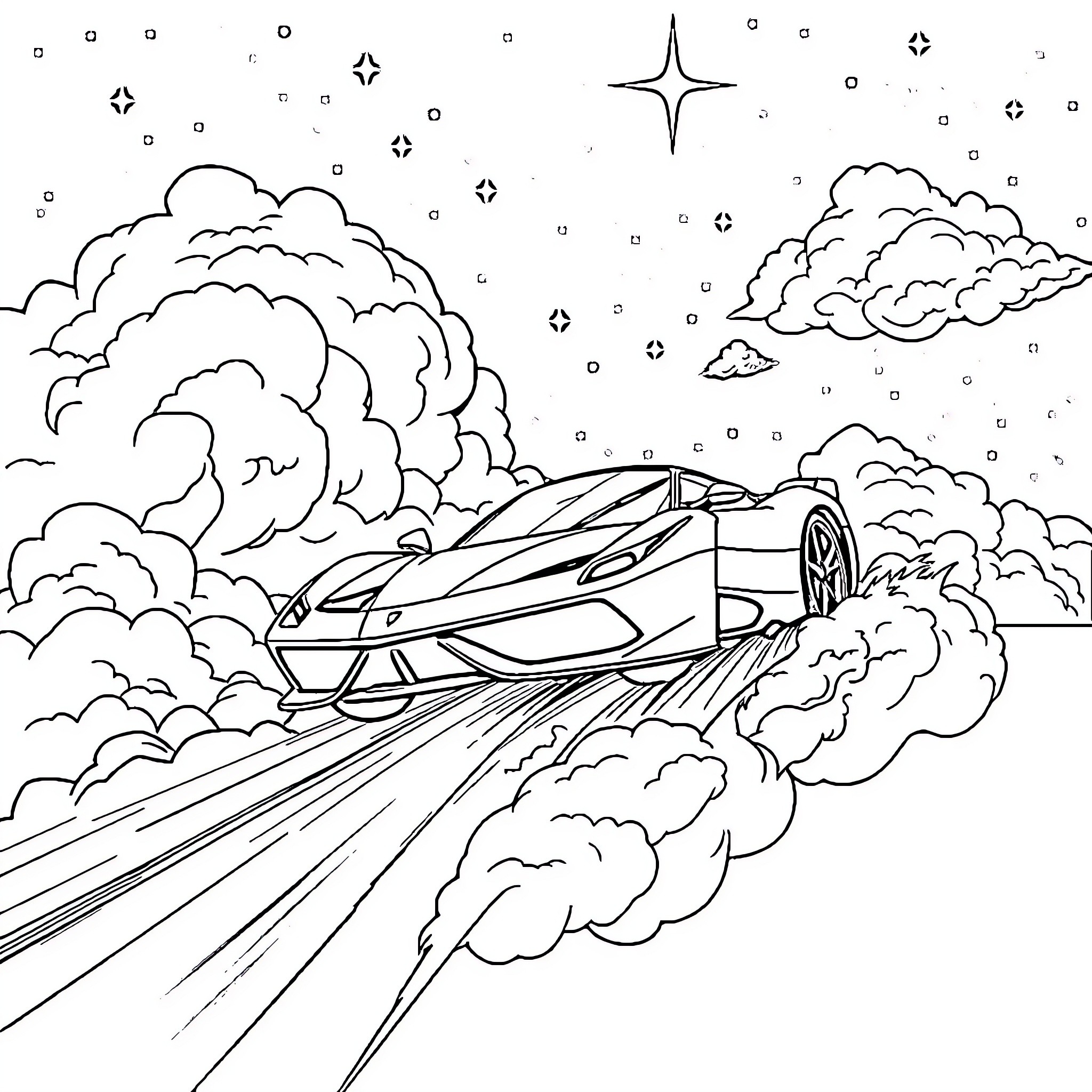 Ferrari speeding through cosmic clouds Coloring Page (free black-and-white line drawing printable PDF for all, from beginners to advanced learners, including children, teens, adults, and seniors)