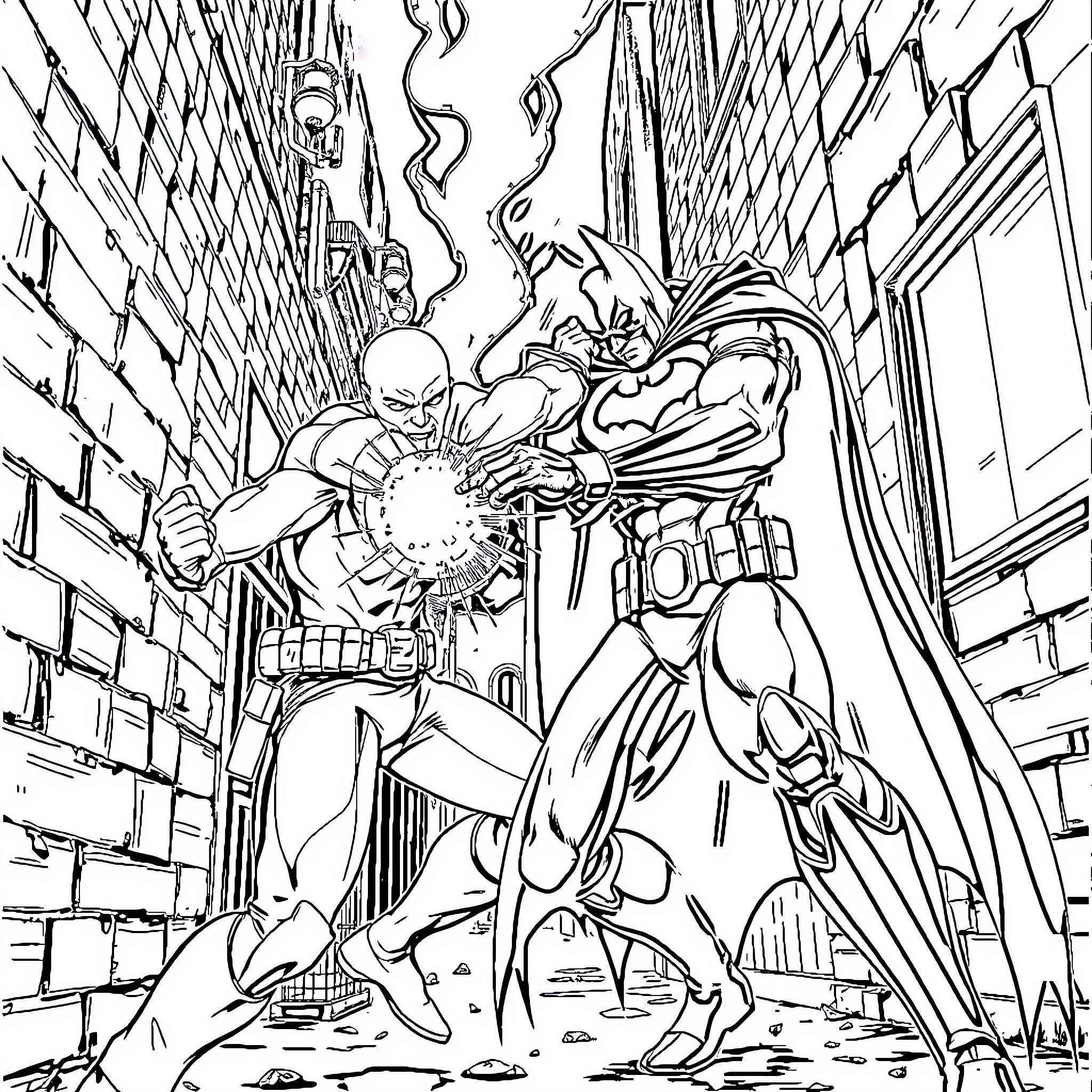 Batman fighting in the dark city streets Coloring Page (free black-and-white line drawing printable PDF for all, from beginners to advanced learners, including children, teens, adults, and seniors)