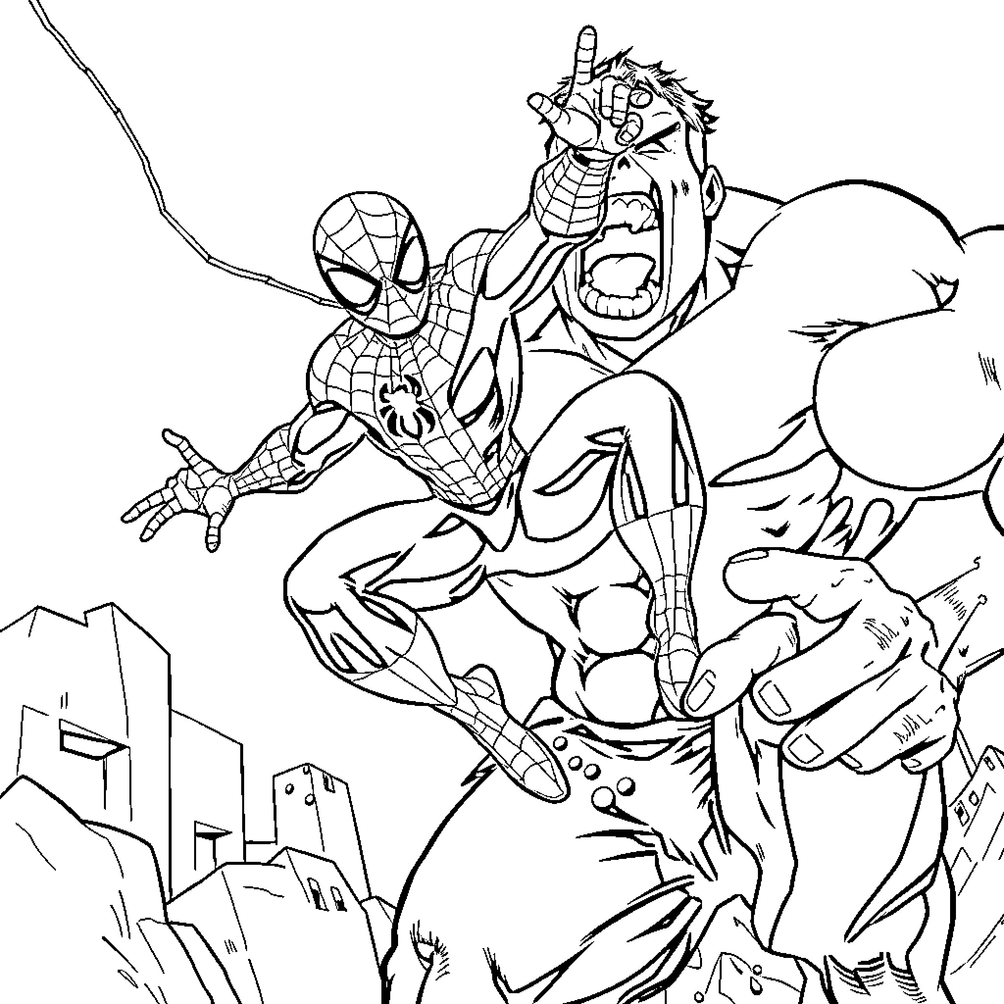 Spider-Man's heroic battle against a fierce foe Coloring Page (free black-and-white line drawing printable PDF for all, from beginners to advanced learners, including children, teens, adults, and seniors)