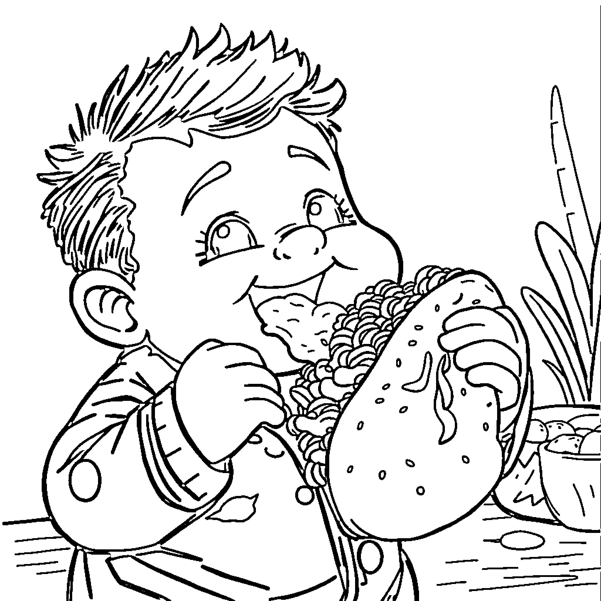Boy enjoying a tasty treat outdoors Coloring Page (free black-and-white line drawing printable PDF for all, from beginners to advanced learners, including children, teens, adults, and seniors)
