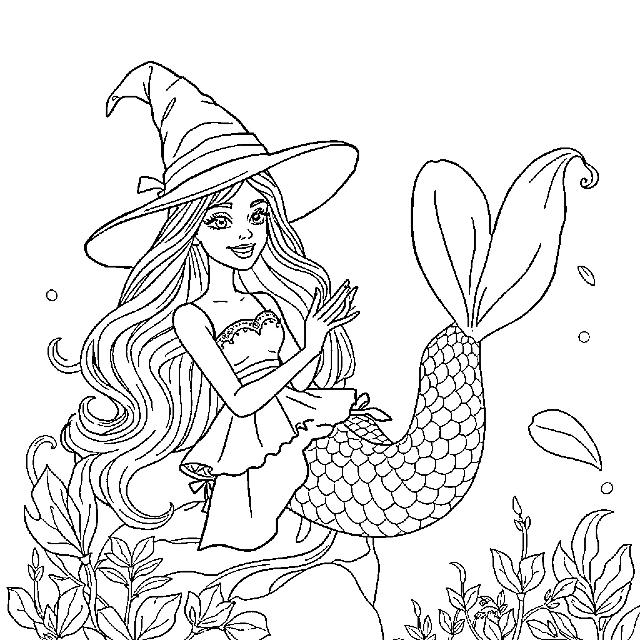 Witch Mermaid with Flowing Hair in Underwater Scene Coloring Page (free black-and-white line drawing printable PDF for all, from beginners to advanced learners, including children, teens, adults, and seniors)