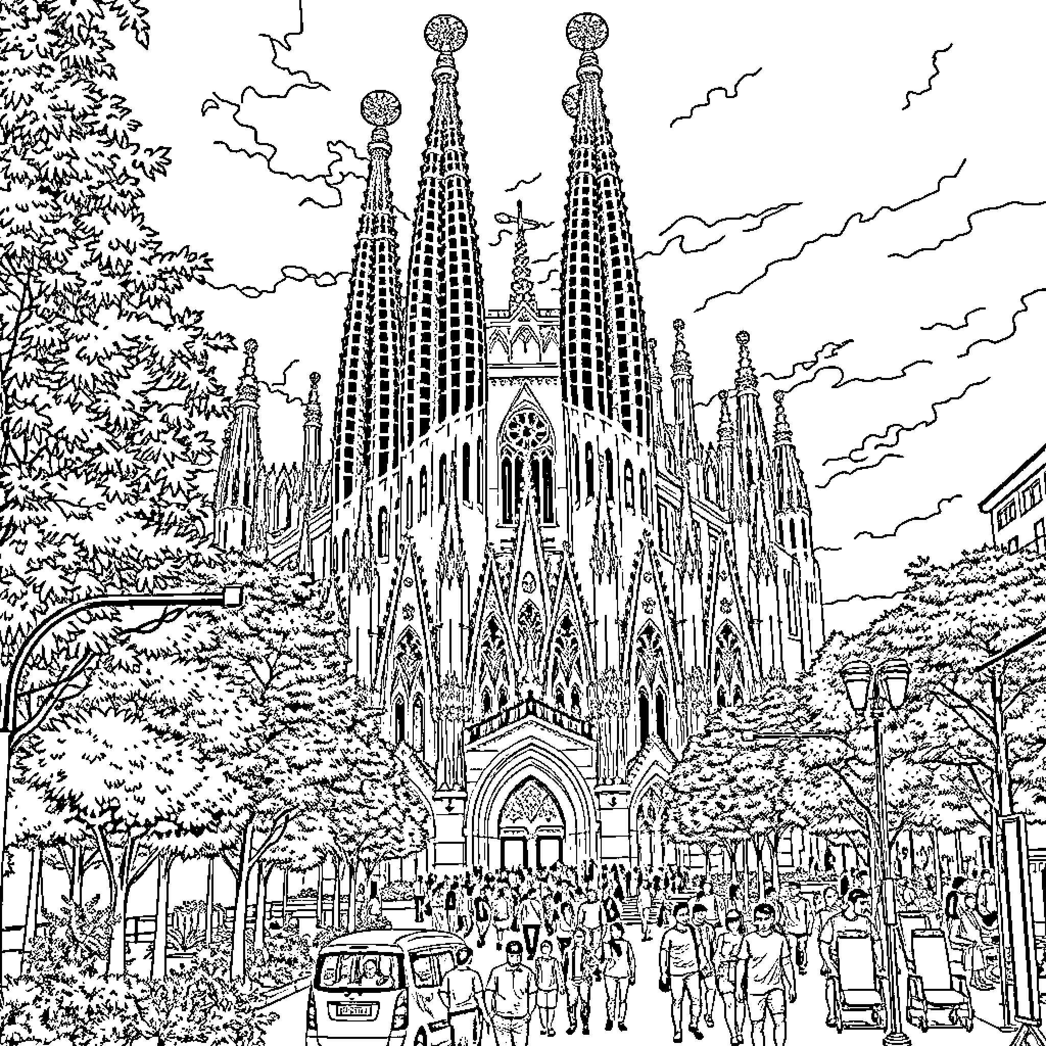 Sagrada Familia - Iconic Architectural Wonder and Bustling Cityscape Coloring Page (free black-and-white line drawing printable PDF for all, from beginners to advanced learners, including children, teens, adults, and seniors)
