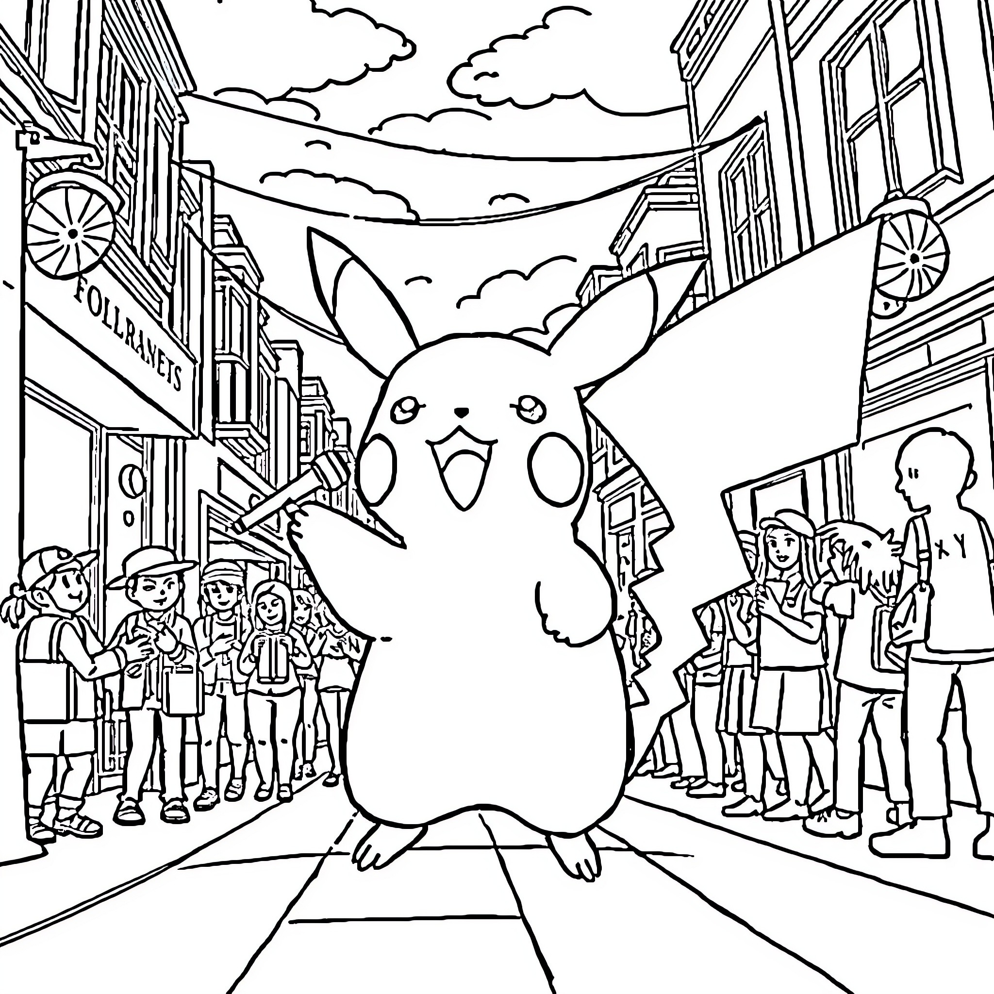 Pikachu in the bustling city street Coloring Page (free black-and-white line drawing printable PDF for all, from beginners to advanced learners, including children, teens, adults, and seniors)