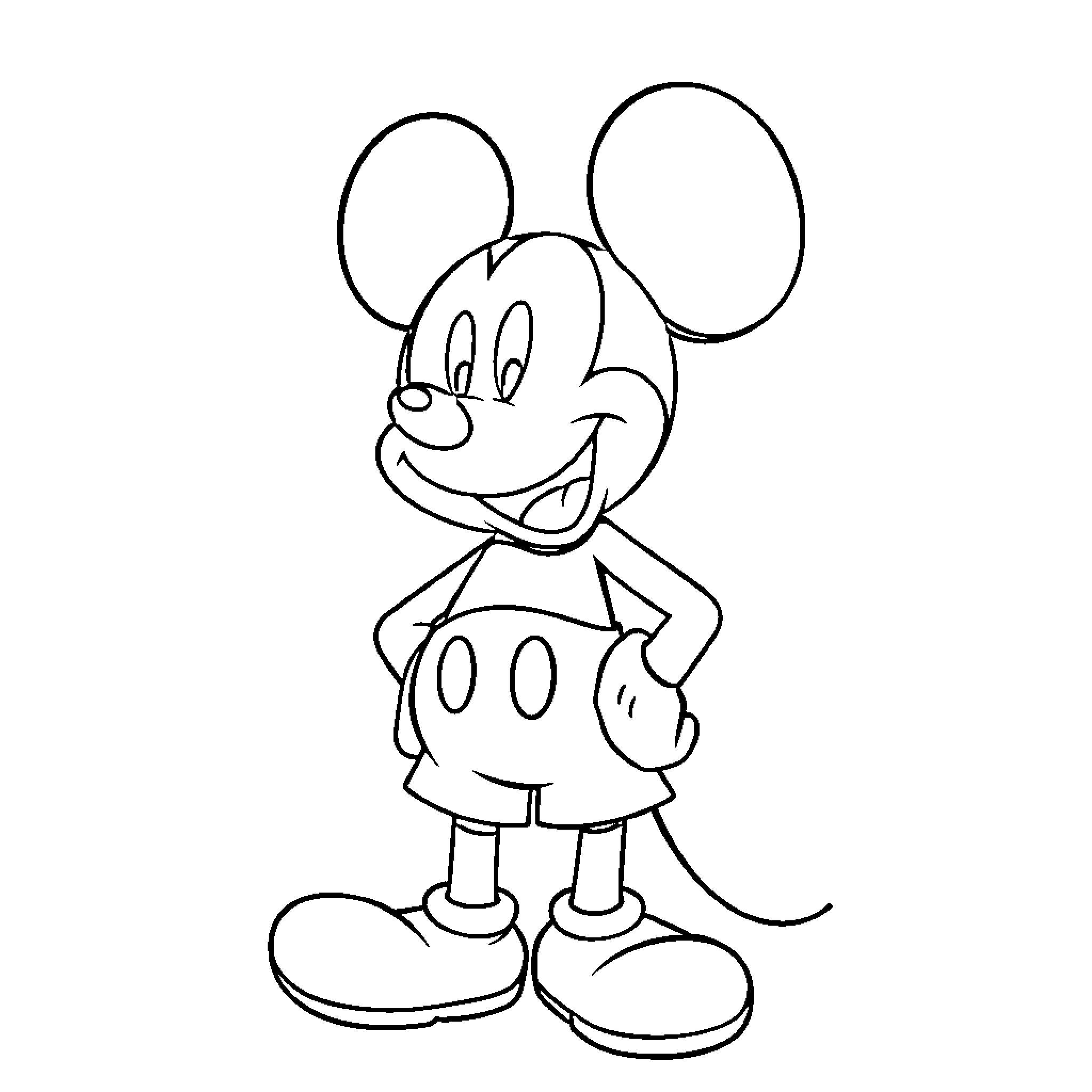 Mickey Mouse standing with a cheerful expression Coloring Page (free black-and-white line drawing printable PDF for all, from beginners to advanced learners, including children, teens, adults, and seniors)