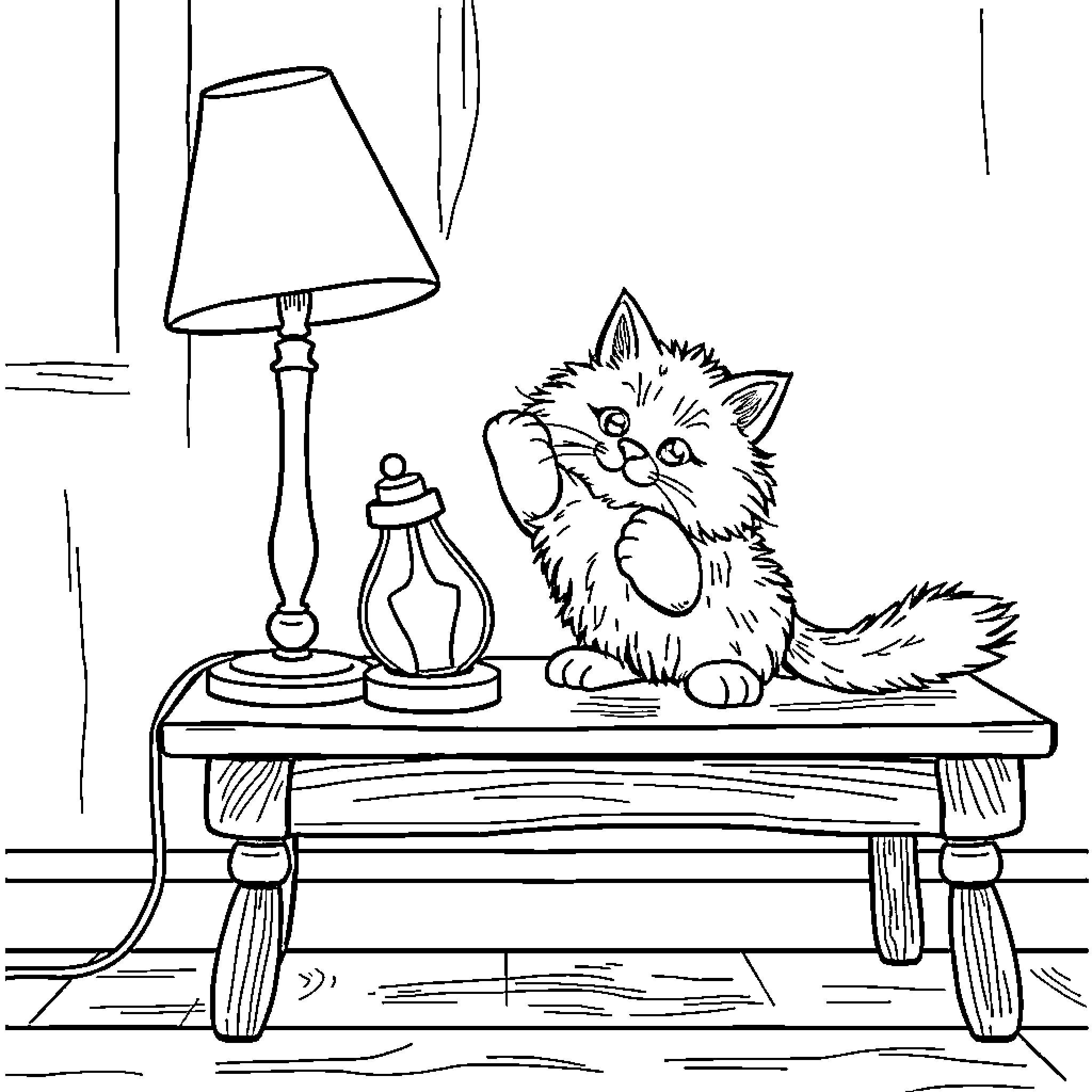 Cat relaxing on table with lamp Coloring Page (free black-and-white line drawing printable PDF for all, from beginners to advanced learners, including children, teens, adults, and seniors)