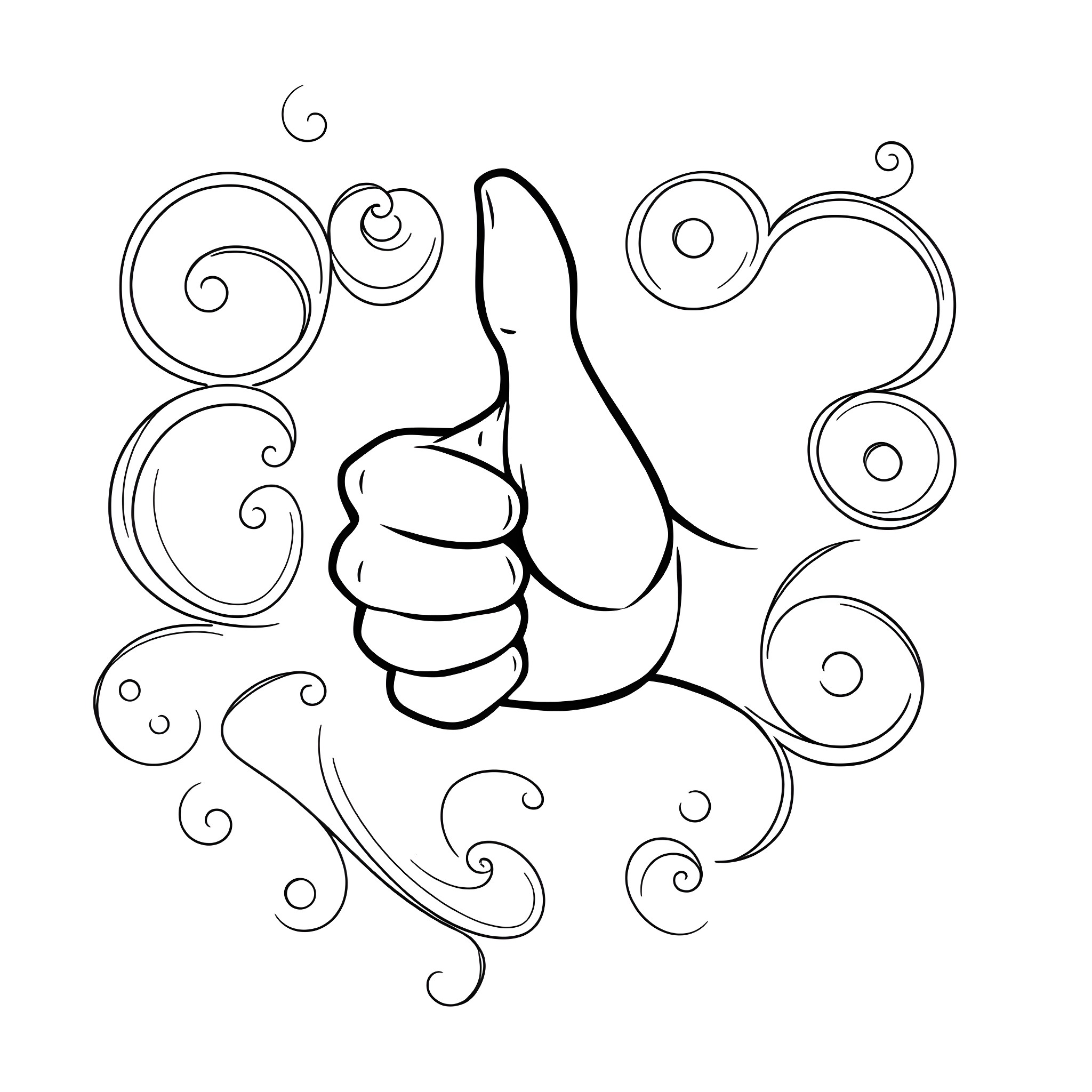 Ok thumb up gesture with swirls Coloring Page (free black-and-white line drawing printable PDF for all, from beginners to advanced learners, including children, teens, adults, and seniors)