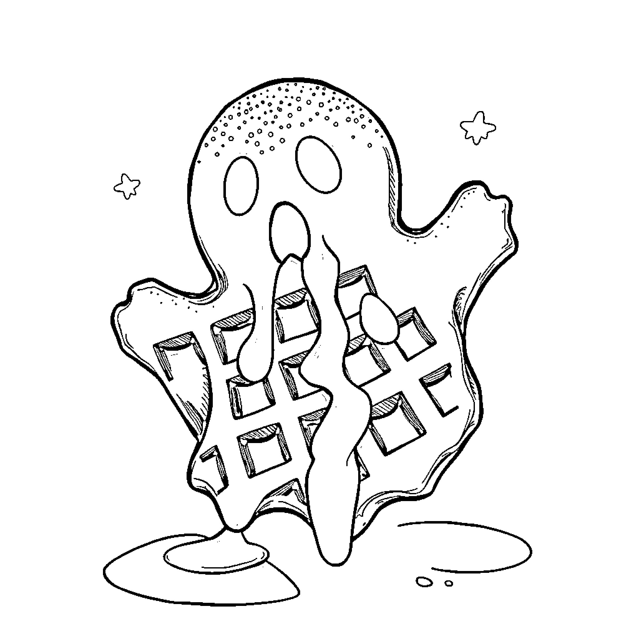 Waffle Ghost in Spooky Scene Coloring Page (free black-and-white line drawing printable PDF for all, from beginners to advanced learners, including children, teens, adults, and seniors)