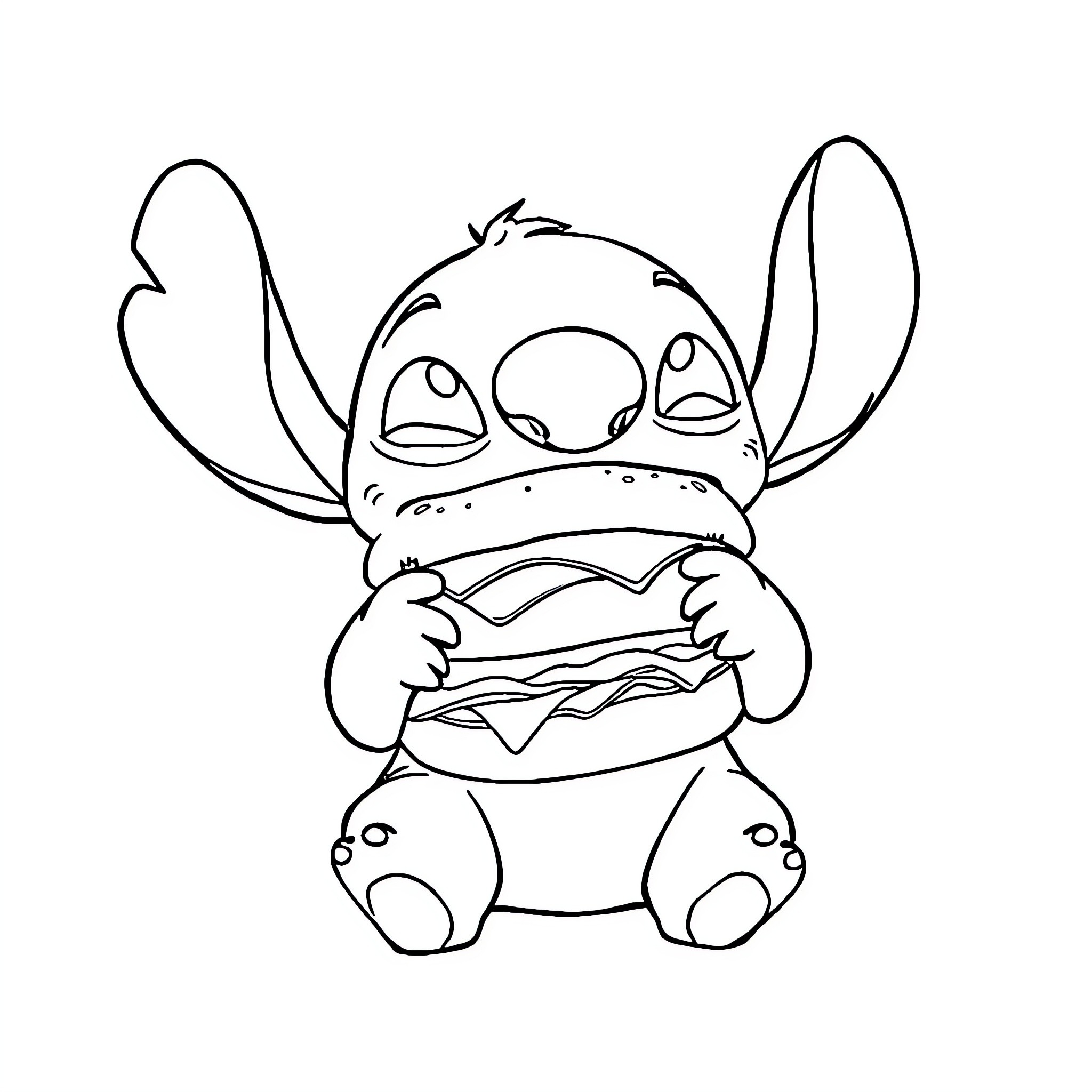 Stitch enjoying a tasty burger Coloring Page (free black-and-white line drawing printable PDF for all, from beginners to advanced learners, including children, teens, adults, and seniors)
