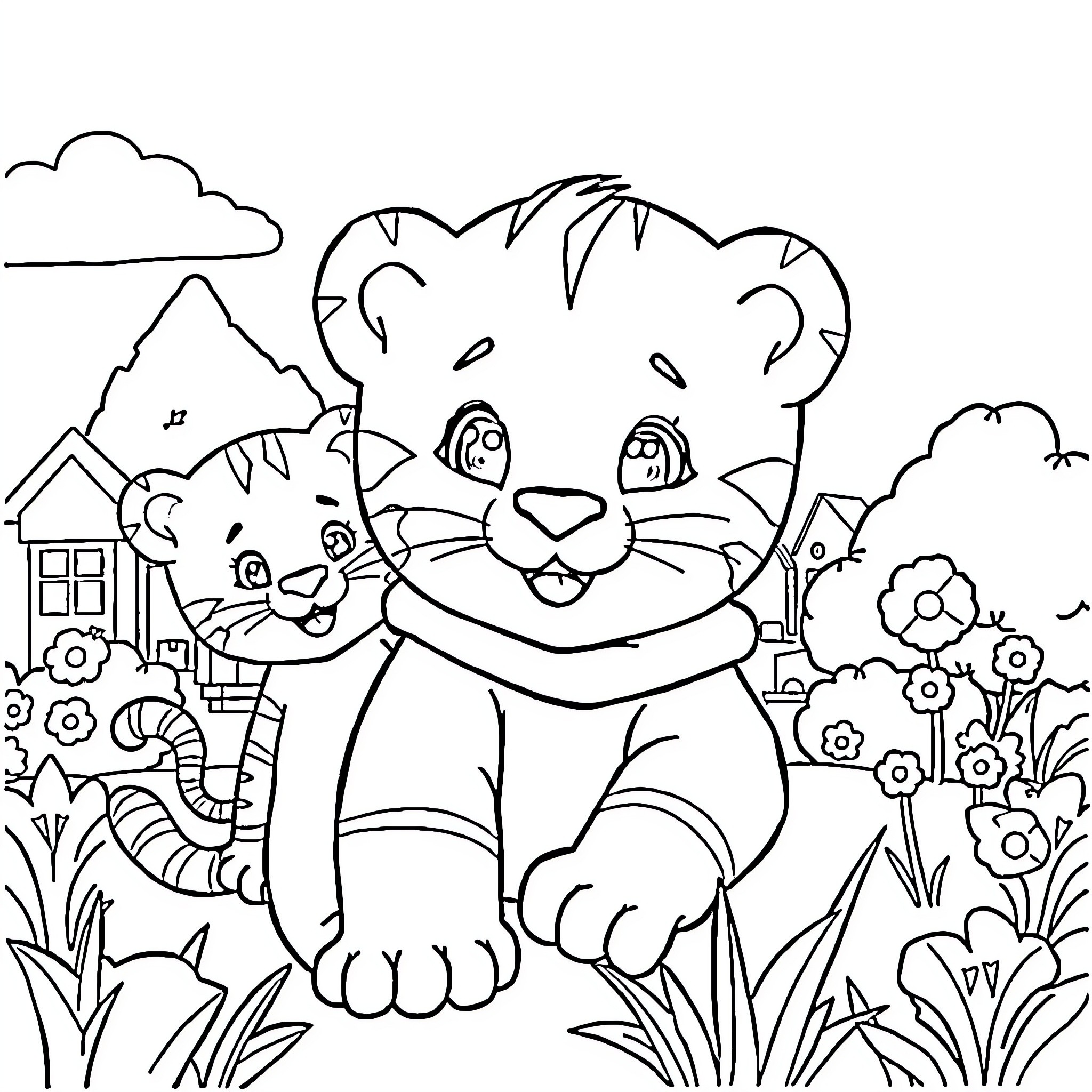 Daniel Tiger enjoying a playful day in the neighborhood Coloring Page (free black-and-white line drawing printable PDF for all, from beginners to advanced learners, including children, teens, adults, and seniors)