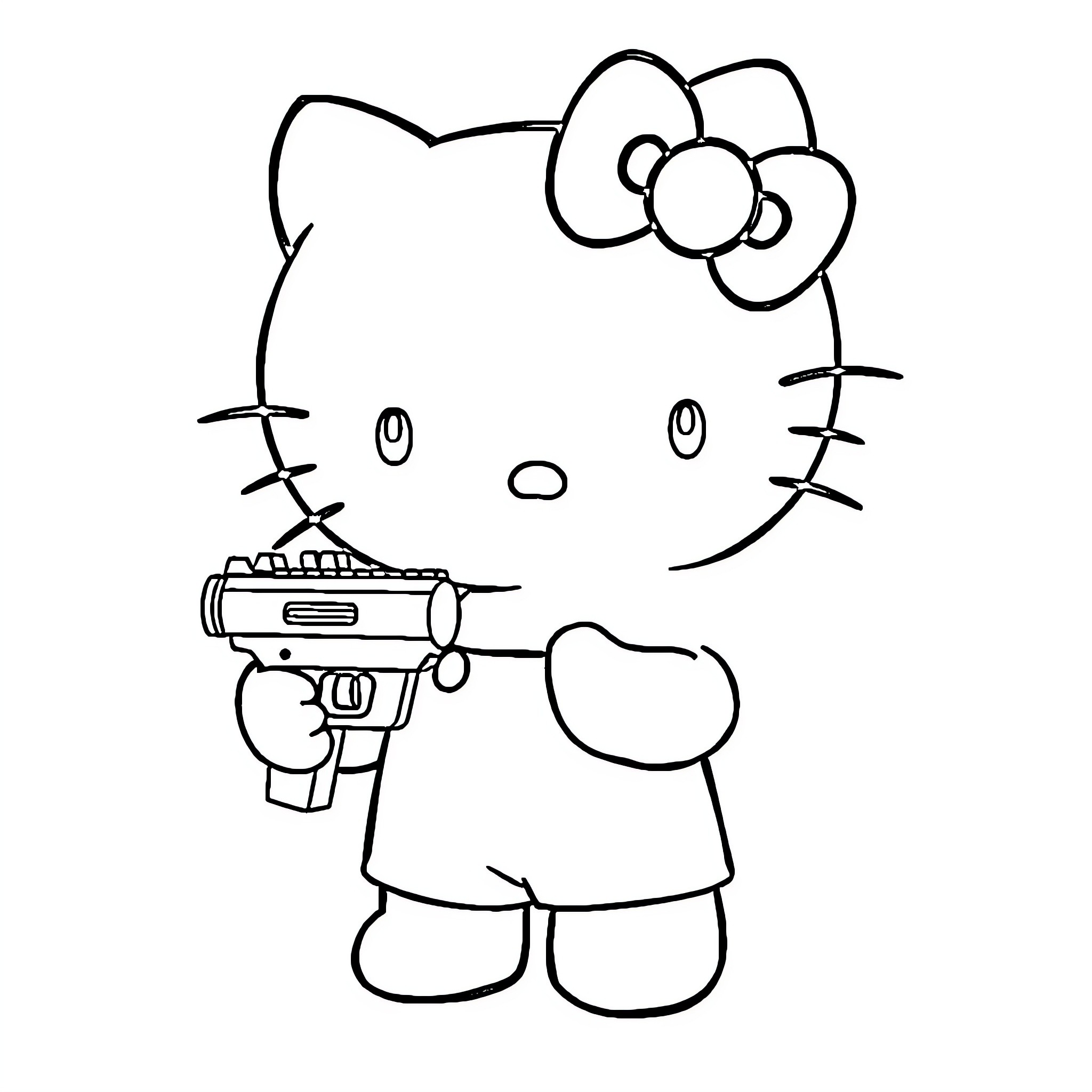 Hello Kitty holding a toy gun Coloring Page (free black-and-white line drawing printable PDF for all, from beginners to advanced learners, including children, teens, adults, and seniors)