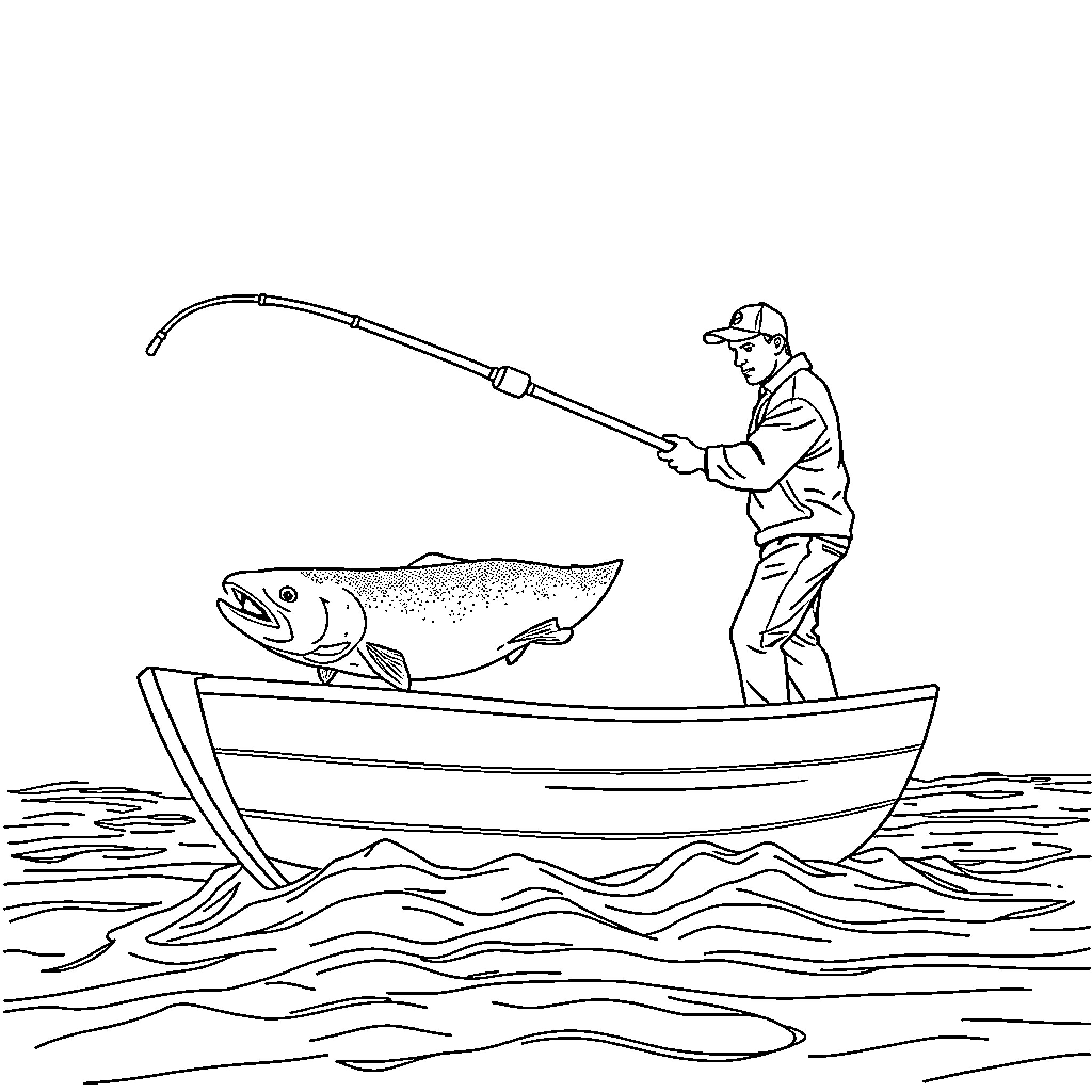 Man fishing from small boat with catch Coloring Page (free black-and-white line drawing printable PDF for all, from beginners to advanced learners, including children, teens, adults, and seniors)